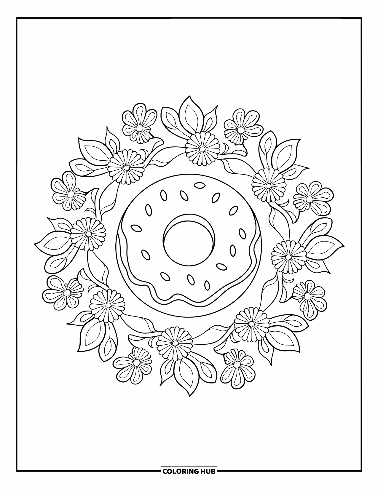 Doughnut Coloring Page for Adults: A glazed strawberry doughnut rests in a full-page mandala of blossoms and leafy swirls