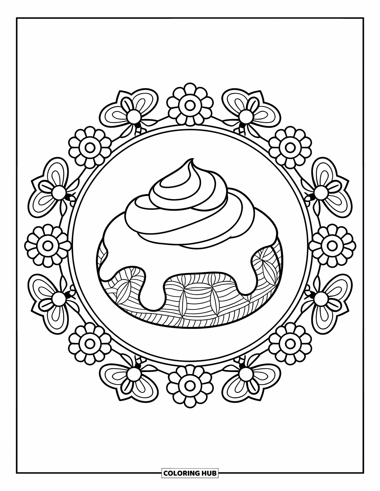 Doughnut Coloring Page for Adults: A honey doughnut topped with cream rests in a circle of buzzing bees and floral swirls