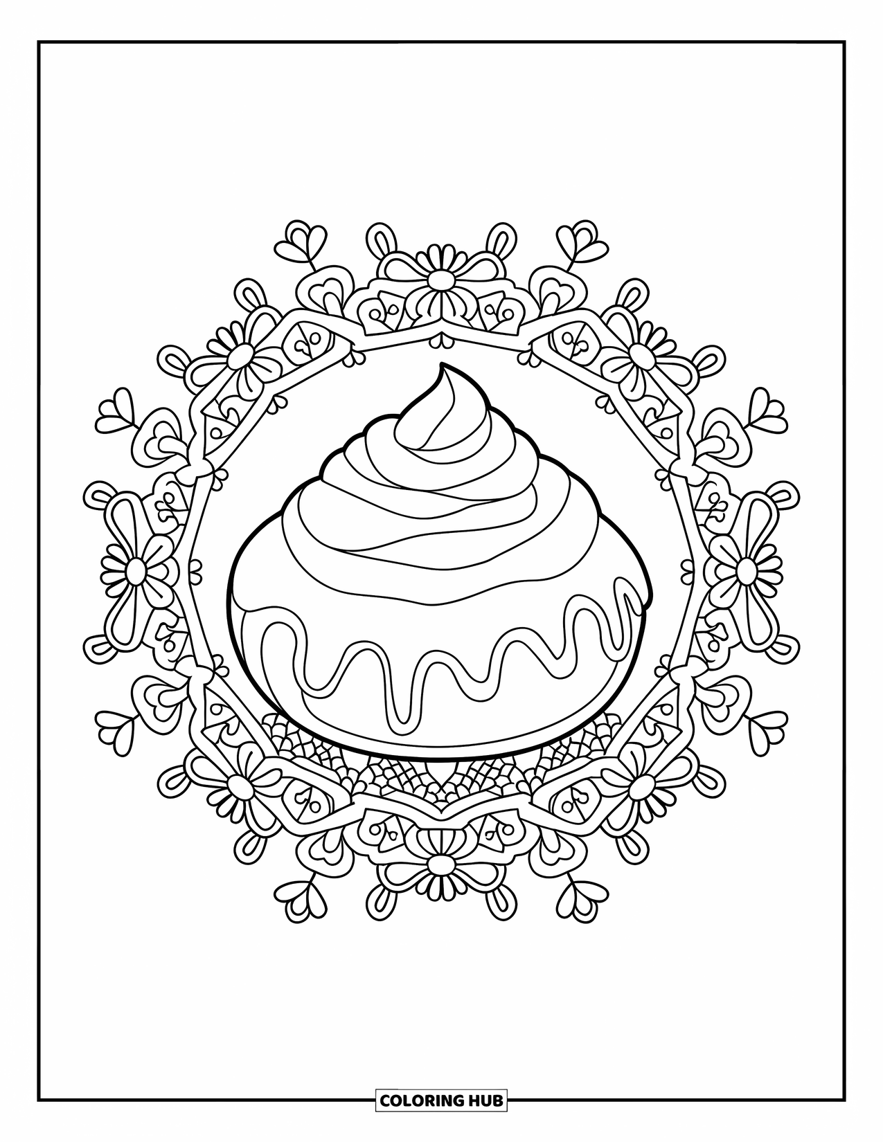 Doughnut Coloring Page for Adults: A honey doughnut with piped cream is framed by intricate bee and flower mandala patterns