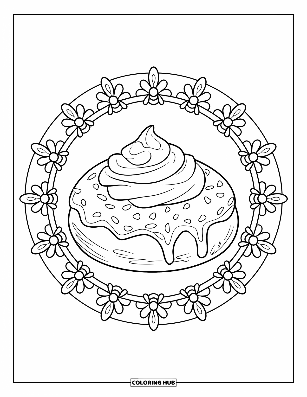 Doughnut Coloring Page for Adults: A honey-glazed doughnut with cream is surrounded by bee and flower mandala details