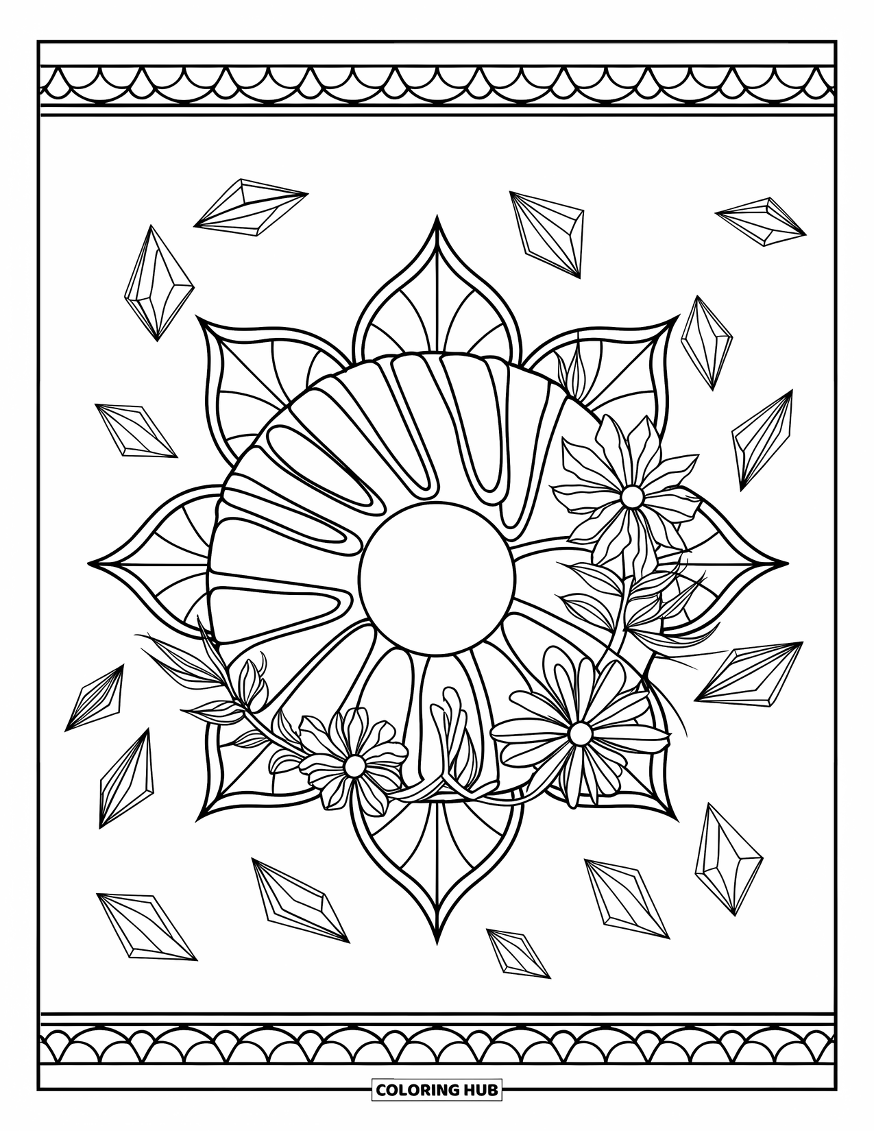 Doughnut Coloring Page for Adults: A lemon-glazed doughnut with flowers is surrounded by geometric stained-glass petals