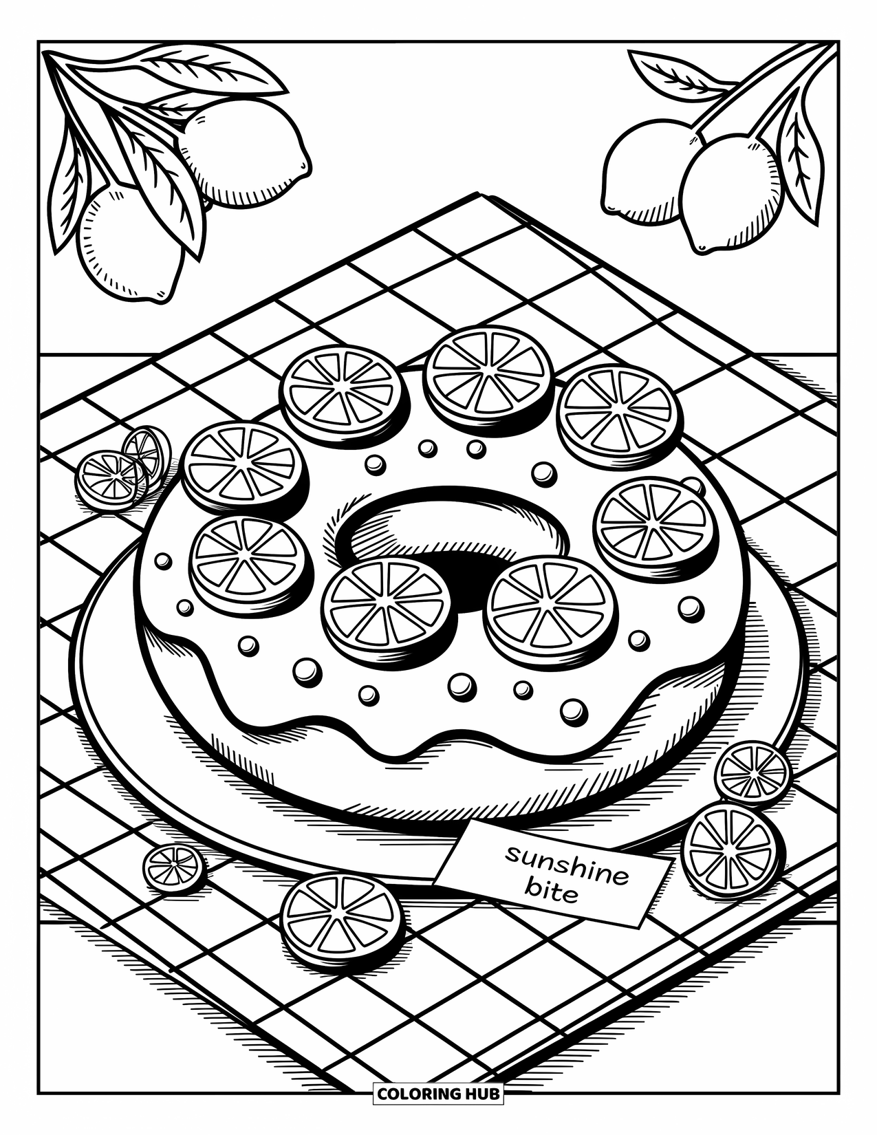 Doughnut Coloring Page for Adults: A lemon-glazed doughnut with wedge slices and blossoms rests on a checkered cloth