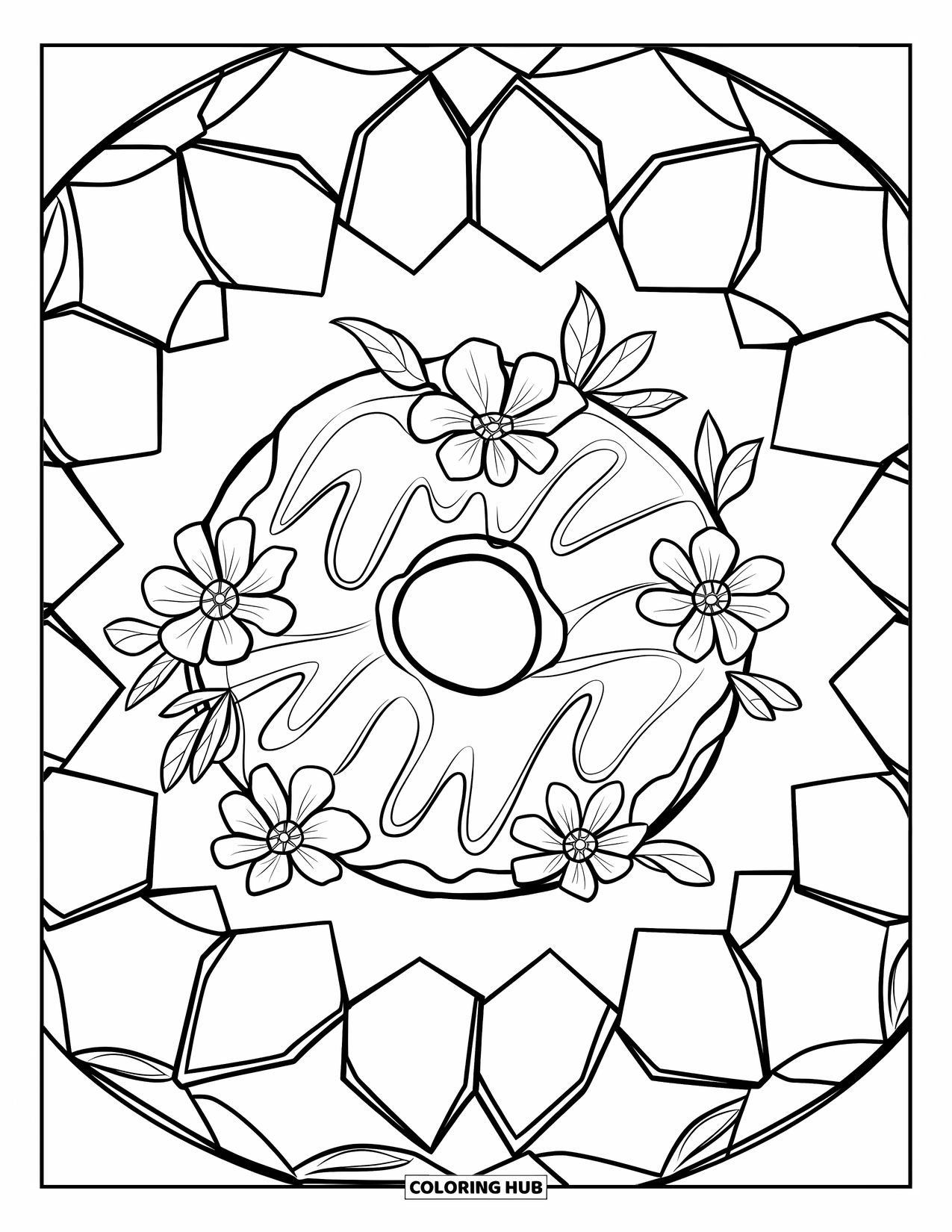 Doughnut Coloring Page for Adults: A lemony doughnut with edible flowers sits among stained-glass petal designs