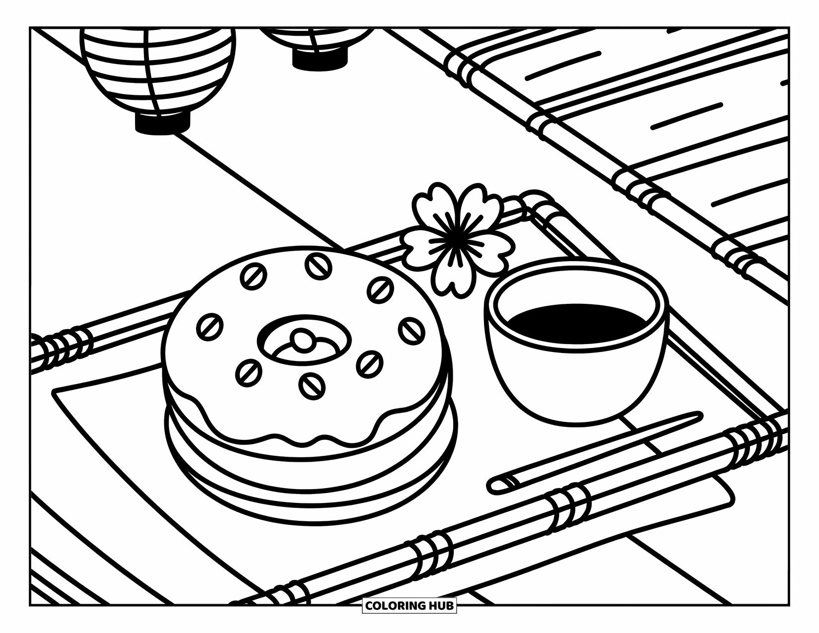Doughnut Coloring Page for Adults: A matcha doughnut with candy leaves and cream swirl sits with tea and a sakura flower