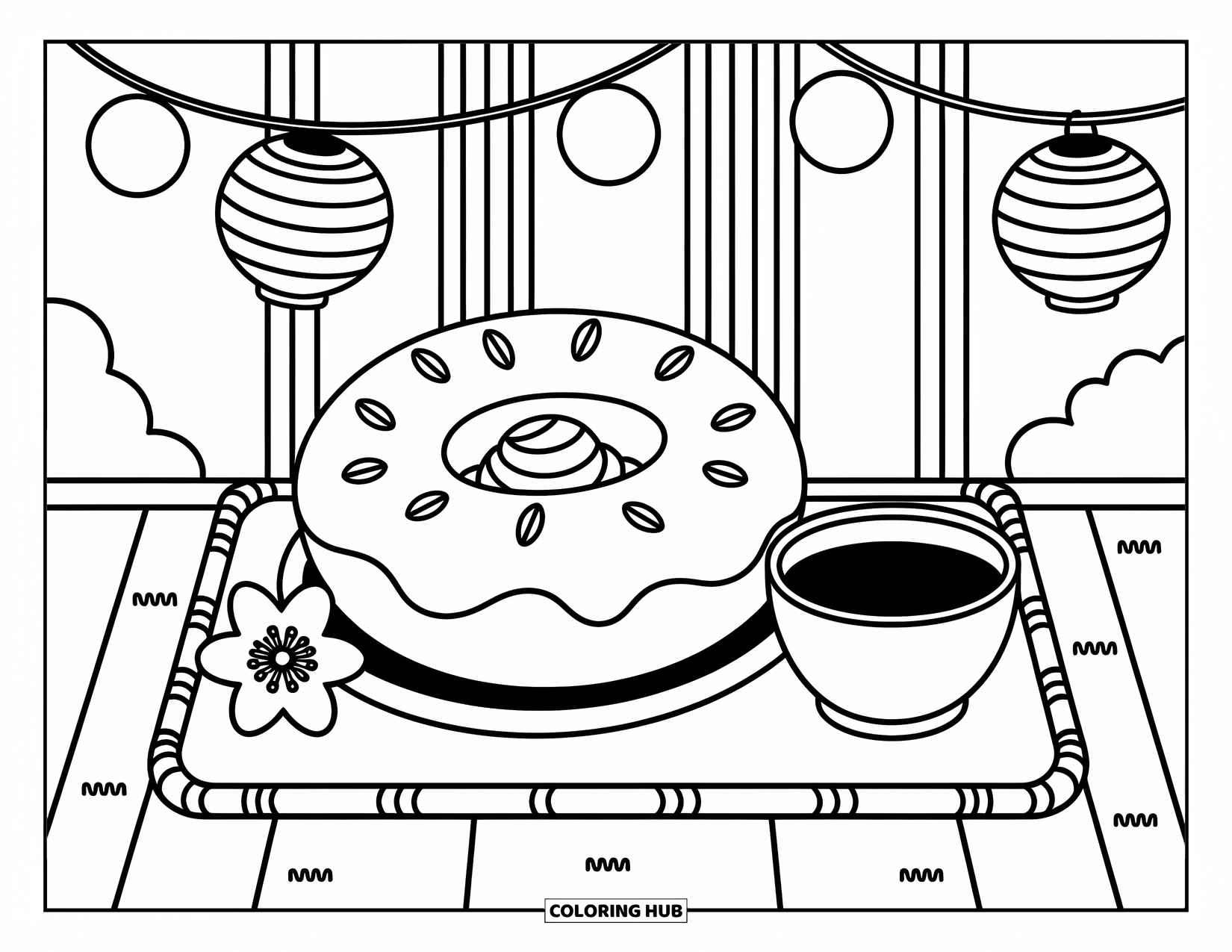 Doughnut Coloring Page for Adults: A matcha doughnut with cream swirl and candy leaves sits by tea, lanterns, and tatami prints