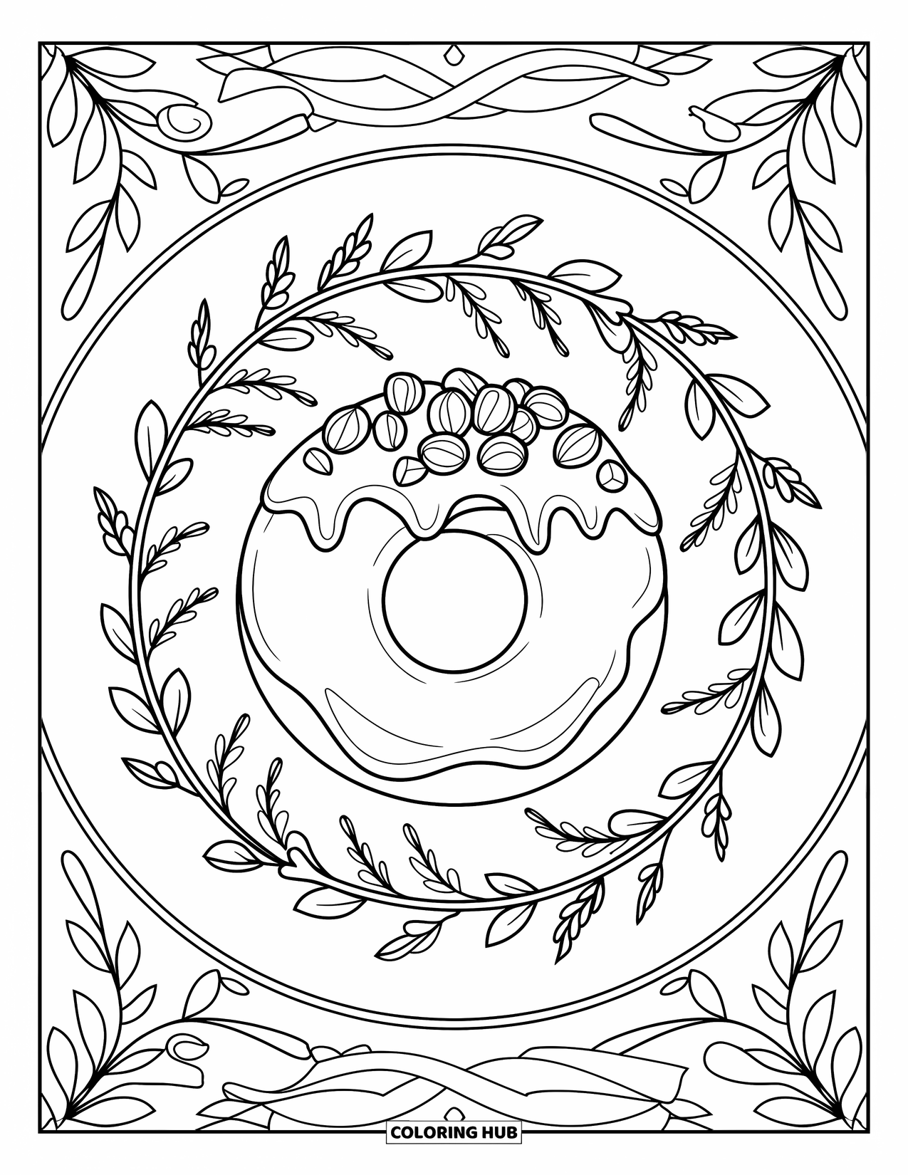 Doughnut Coloring Page for Adults: A nut-topped chocolate doughnut sits in a leafy vine frame with artistic flair
