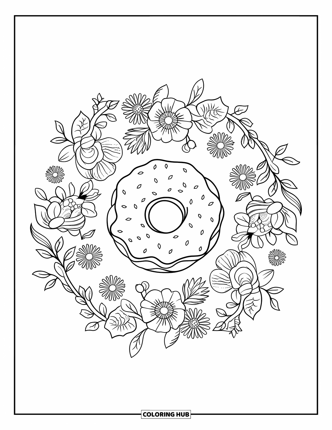 Doughnut Coloring Page for Adults: A powdered strawberry doughnut lies in a mandala of roses, daisies, and leafy flowers