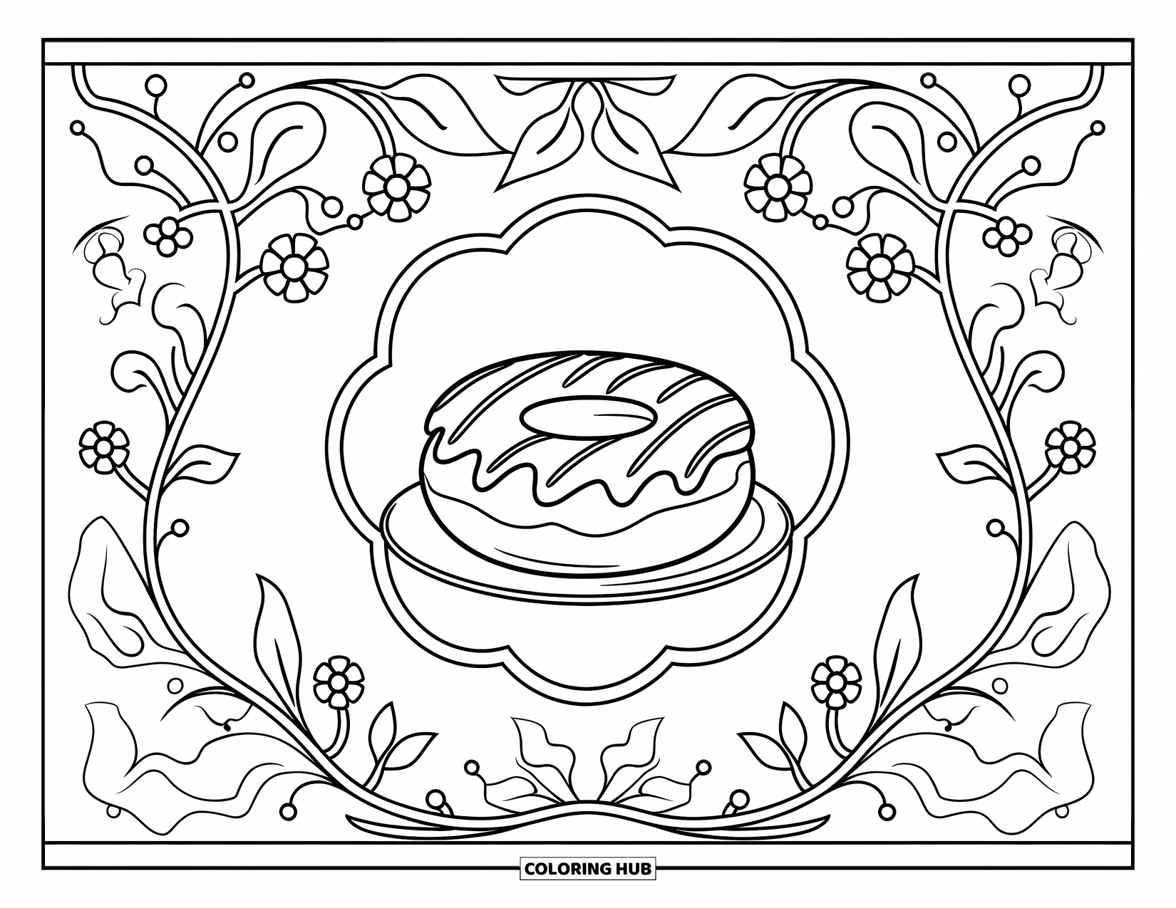 Doughnut Coloring Page for Adults: A raspberry doughnut in a flower frame is surrounded by leafy, swirling Art Nouveau lines
