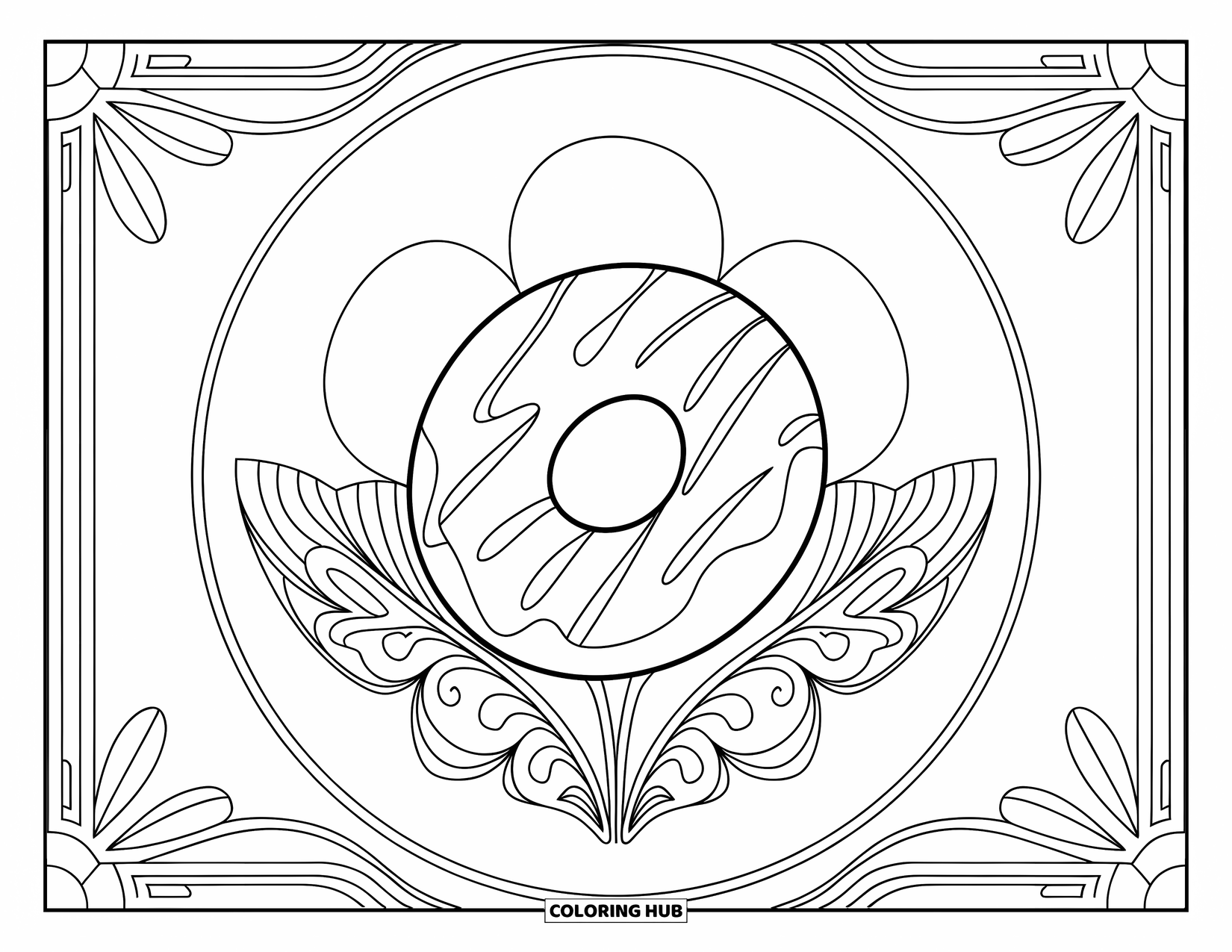 Doughnut Coloring Page for Adults: A raspberry-drizzled doughnut rests in a floral frame with graceful Art Nouveau details