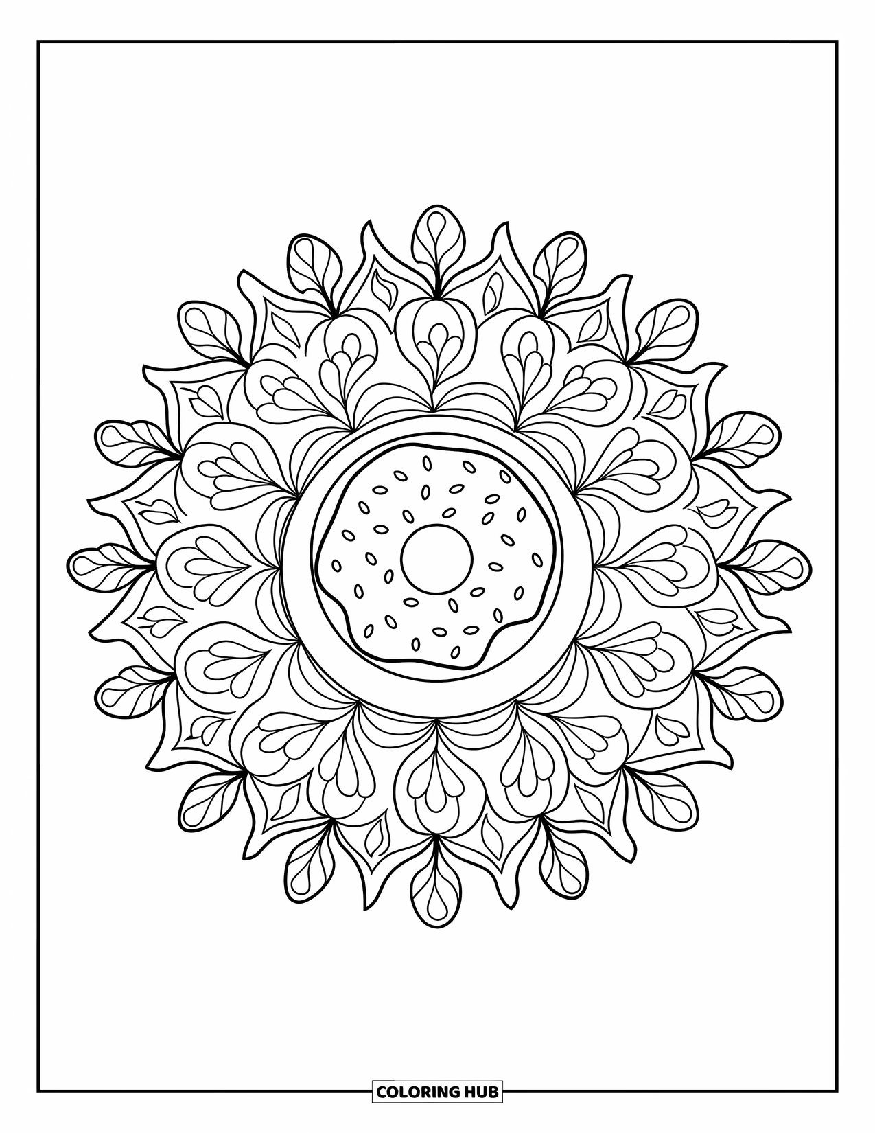 Doughnut Coloring Page for Adults: A strawberry doughnut is centered in a floral mandala with intricate patterns and petals