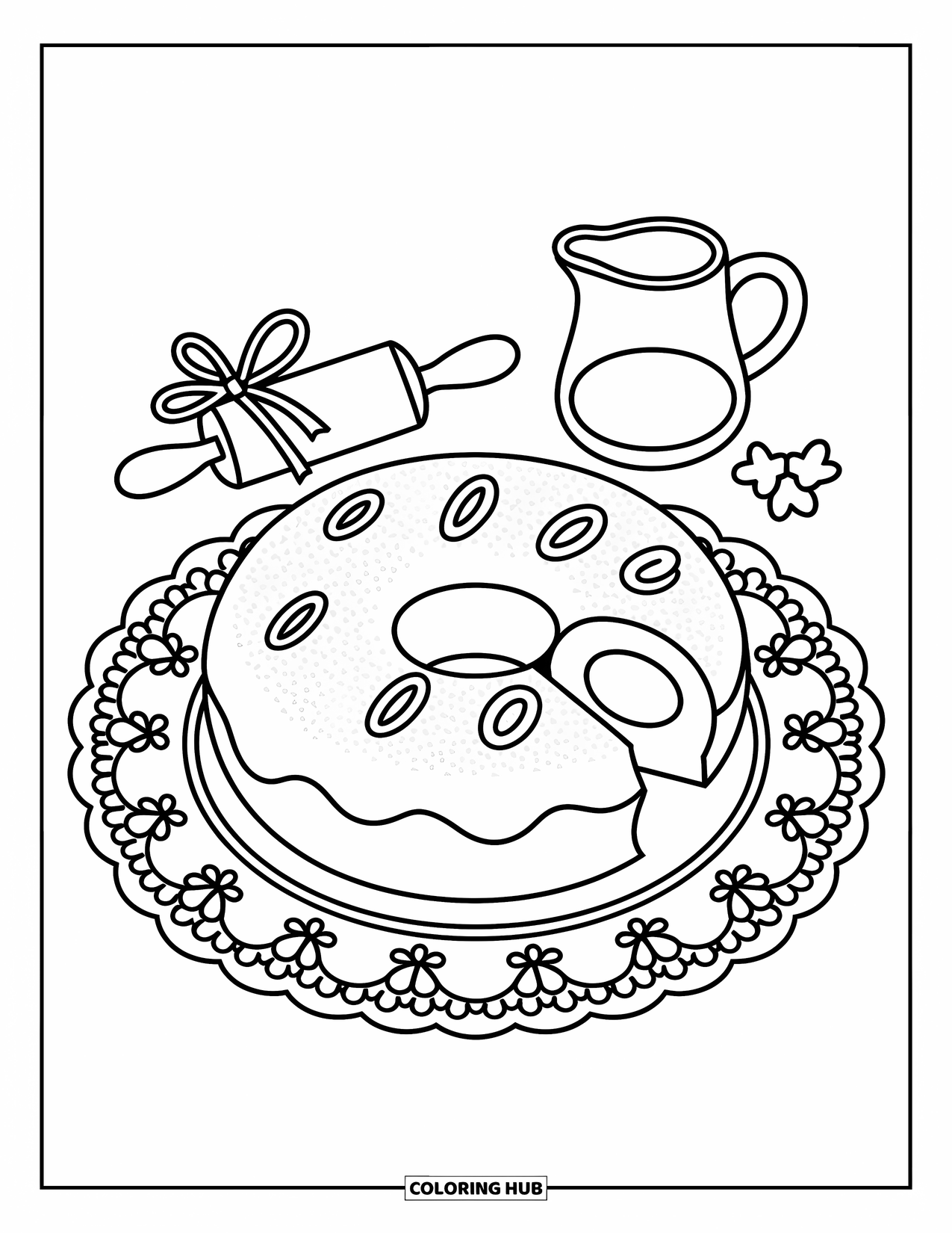 Doughnut Coloring Page for Adults: A vanilla-filled doughnut with frosting sits on a doily with a mini pitcher and rolling pin
