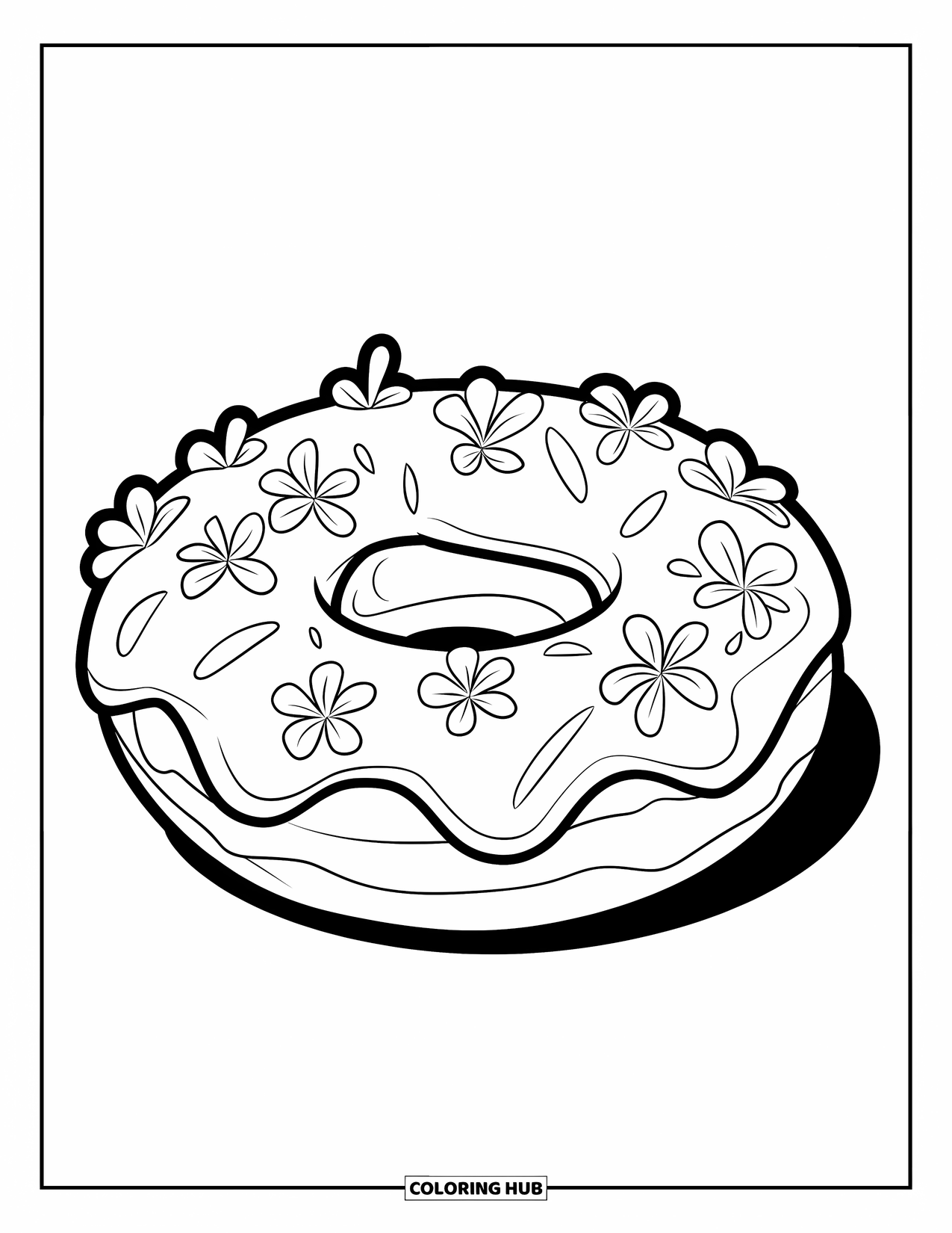 Doughnut Coloring Page for Kids: A bright hibiscus-glazed doughnut with petal icing and bold outlines for a fun color time