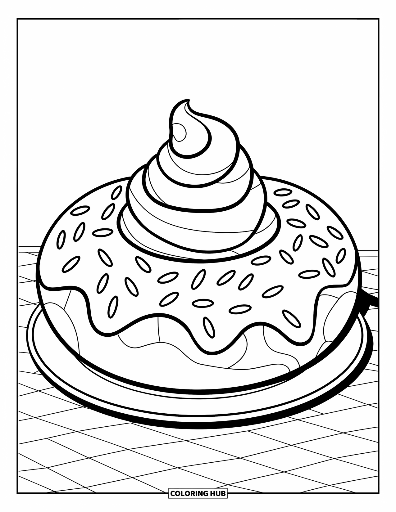 Doughnut Coloring Page for Kids: A cheerful doughnut with thick icing and sprinkles sits on a white plate