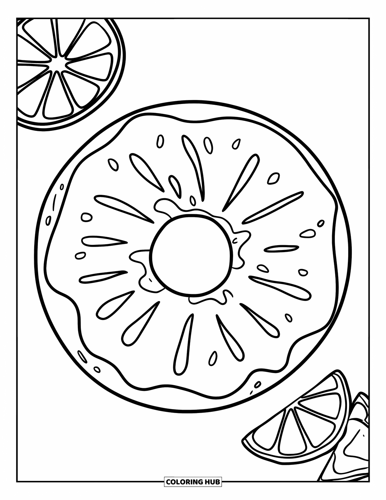 Doughnut Coloring Page for Kids: A citrusy doughnut with a swirl and orange slices rests on a white background