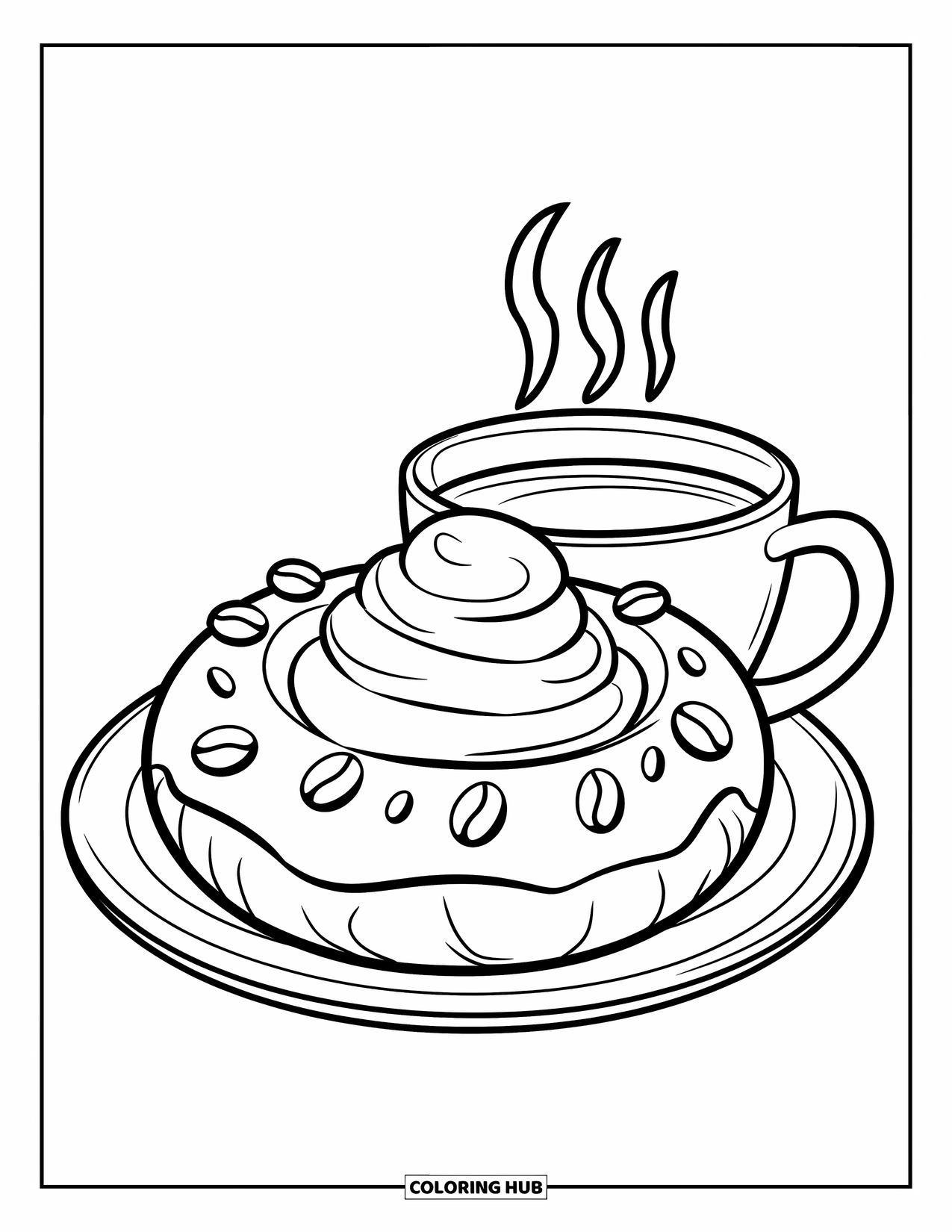Doughnut Coloring Page for Kids: A coffee-flavored doughnut with foam swirls and bean toppings sits next to a hot drink