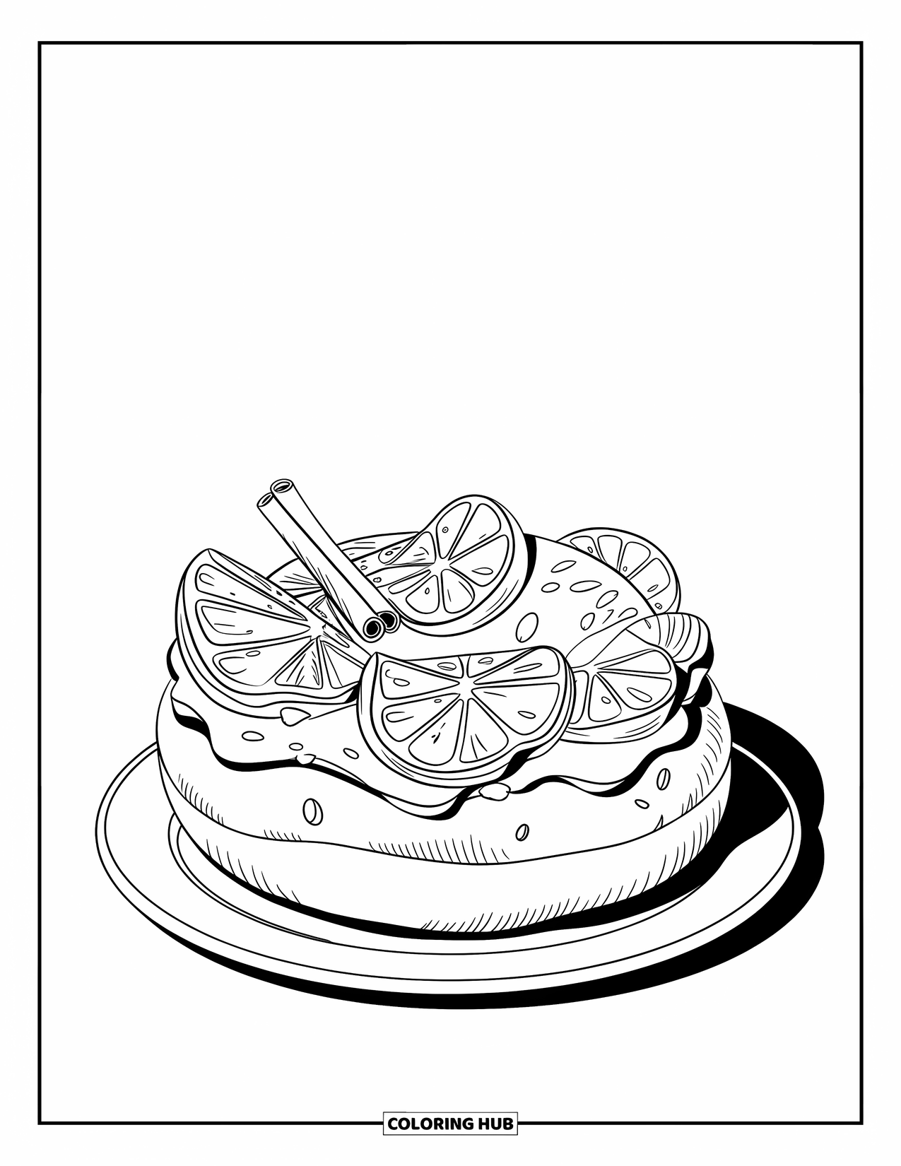Doughnut Coloring Page for Kids: A doughnut topped with cream, orange slices, and cinnamon rests peacefully on a plate
