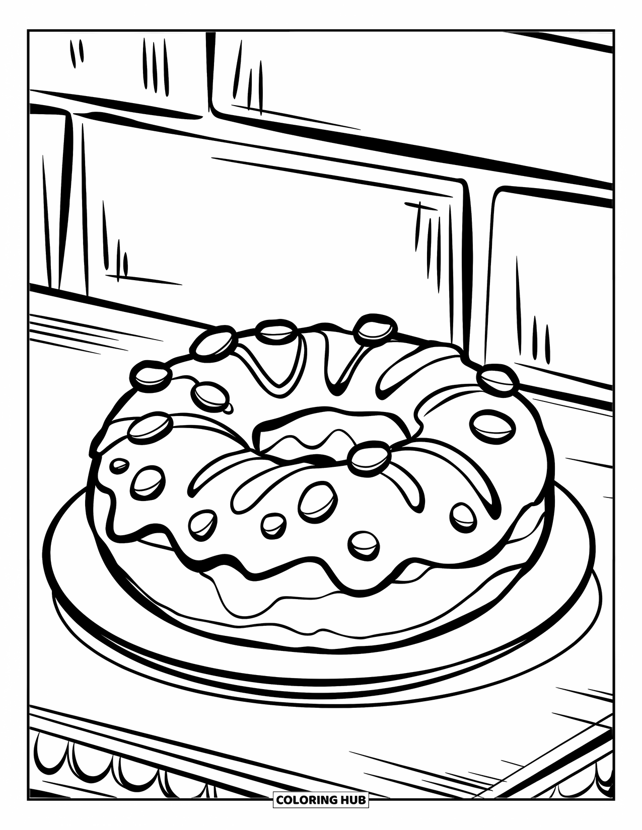 Doughnut Coloring Page for Kids: A doughnut with zigzag frosting and bold dots sits against a simple wall