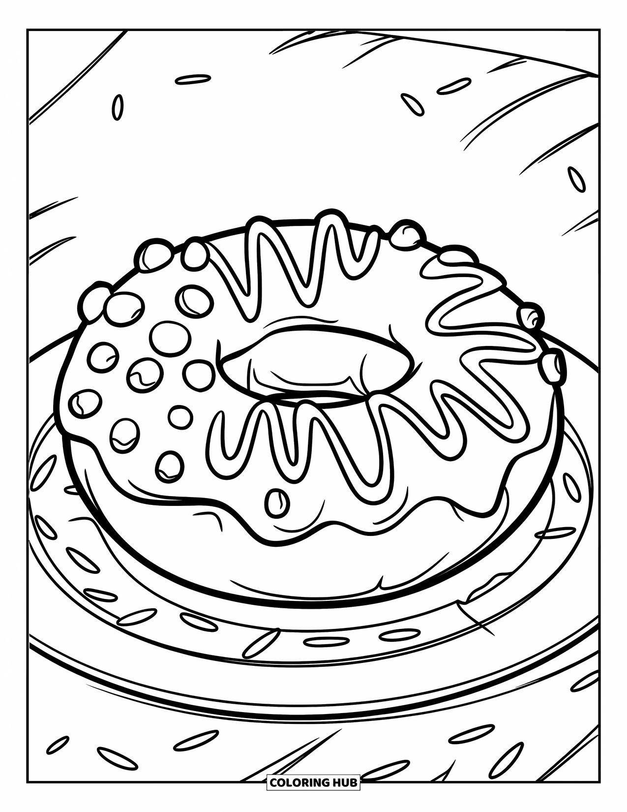Doughnut Coloring Page for Kids: A doughnut with zigzag icing and chunky dots rests with sprinkles on the plate