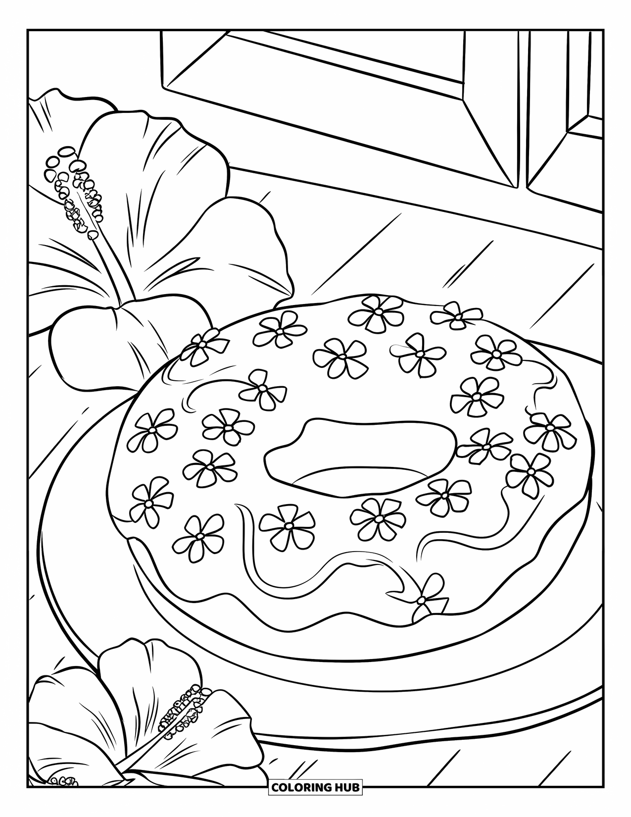 Doughnut Coloring Page for Kids: A floral doughnut sits with hibiscus blooms against a calm indoor backdrop