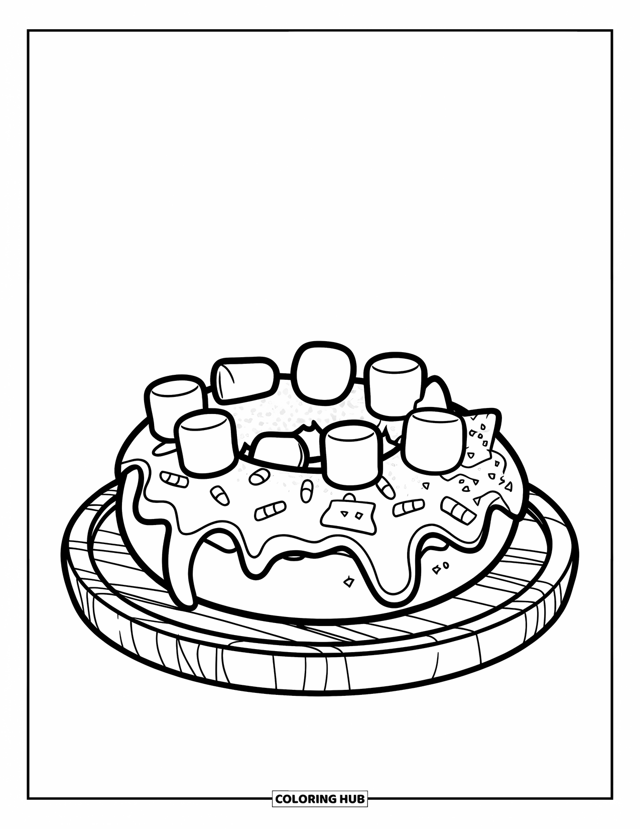 Doughnut Coloring Page for Kids: A gooey s'mores doughnut topped with marshmallows, chocolate drizzle, and cracker bits