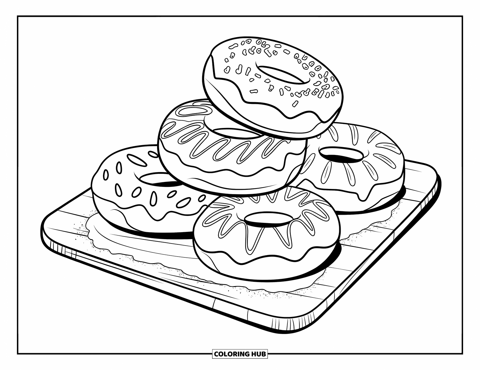 Doughnut Coloring Page for Kids: A group of fun doughnuts on a board, dusted with powdered sugar
