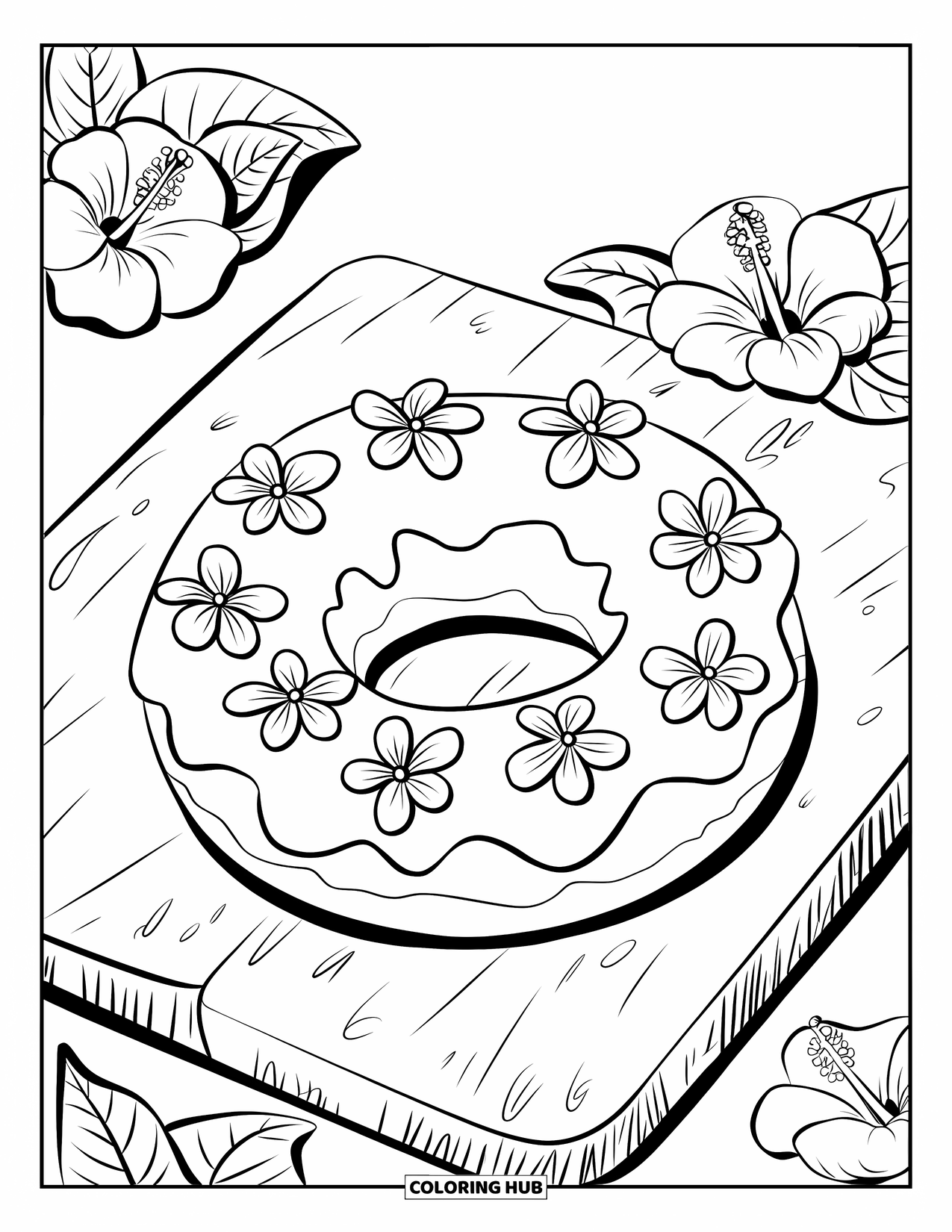 Doughnut Coloring Page for Kids: A hibiscus-glazed doughnut with flower icing and petals sits beautifully on a board