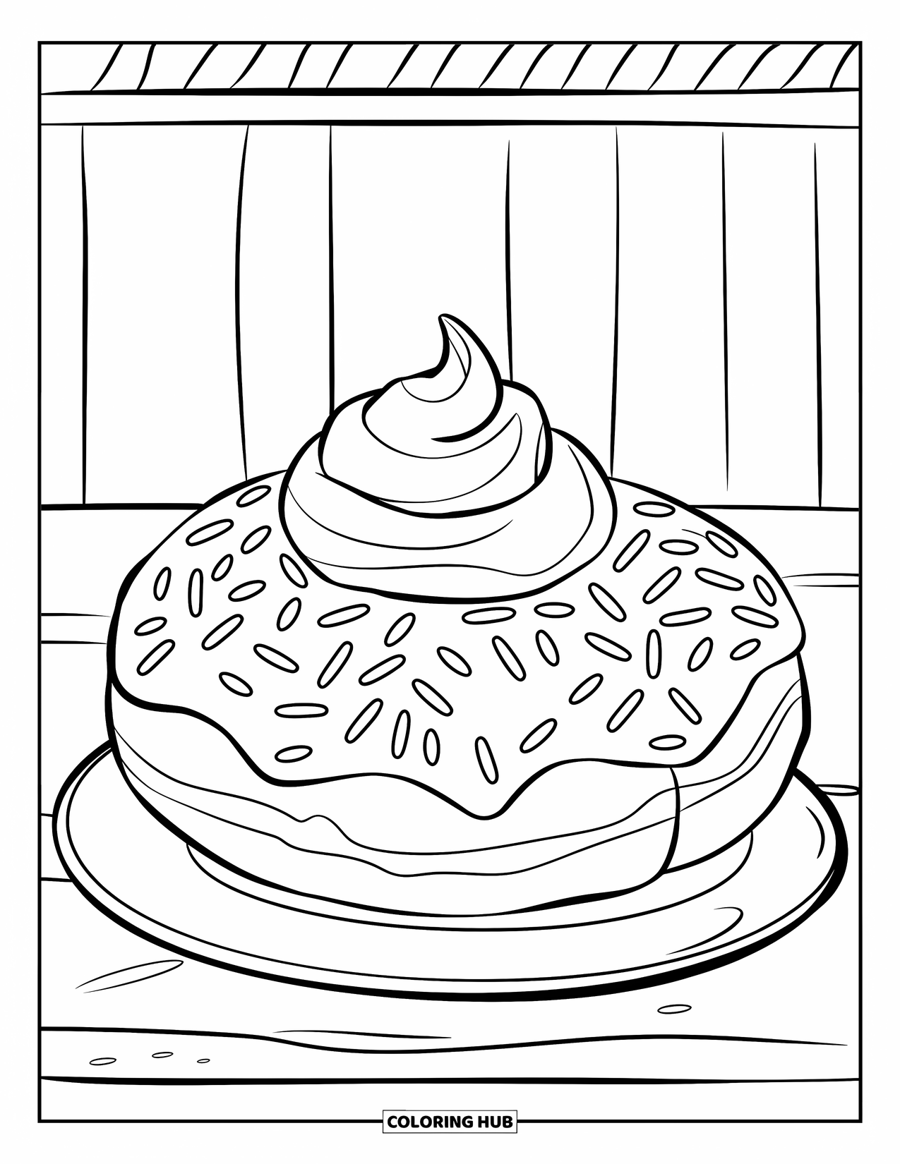 Doughnut Coloring Page for Kids: A large doughnut with sprinkles and swirls rests simply on a clean plate