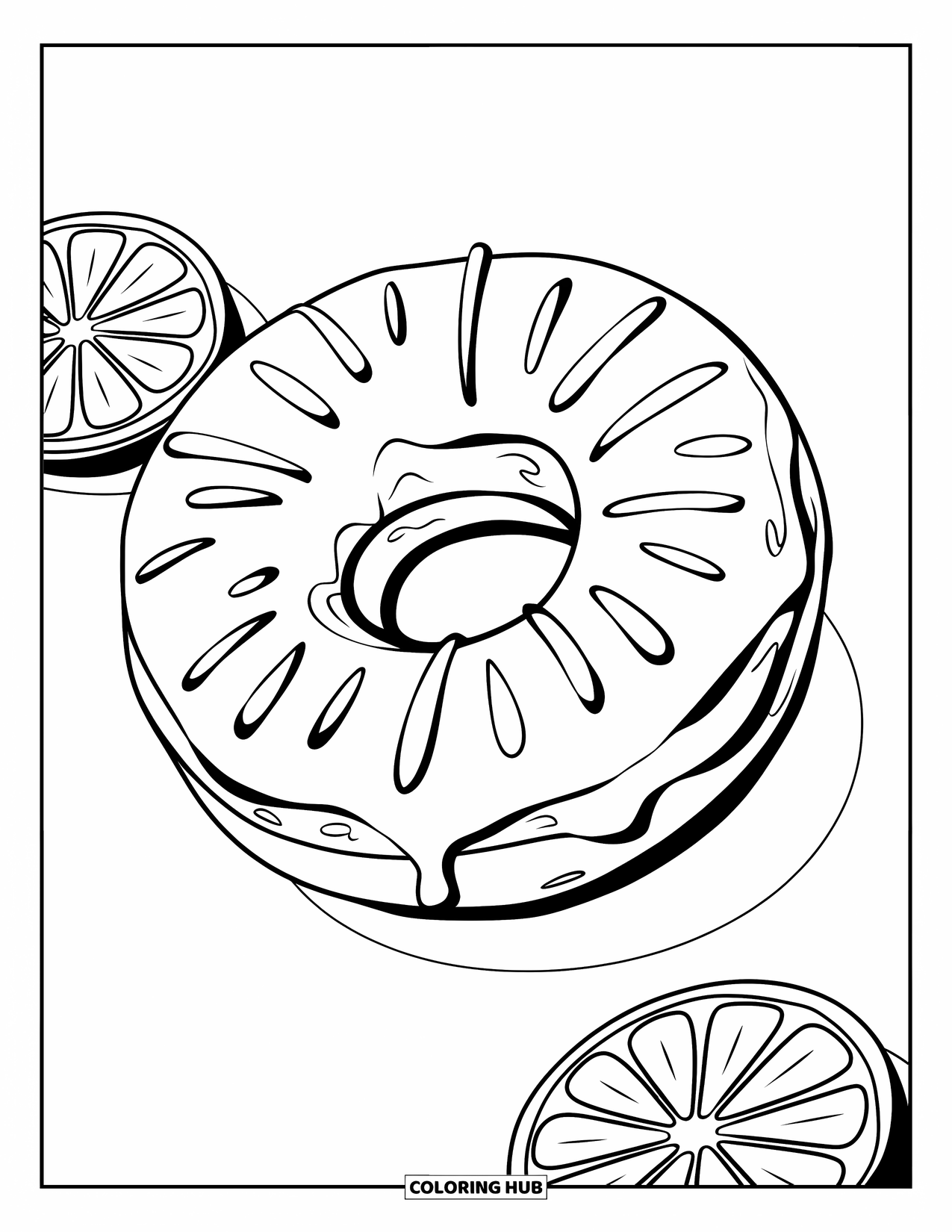 Doughnut Coloring Page for Kids: A lemony doughnut with citrus slices is drawn simply for a fun, bright look