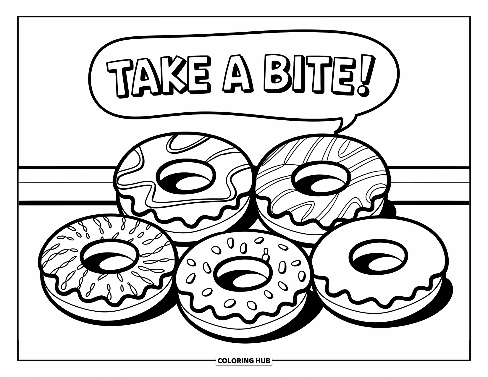 Doughnut Coloring Page for Kids: A playful group of doughnuts in various icing styles say, "Take a bite!"