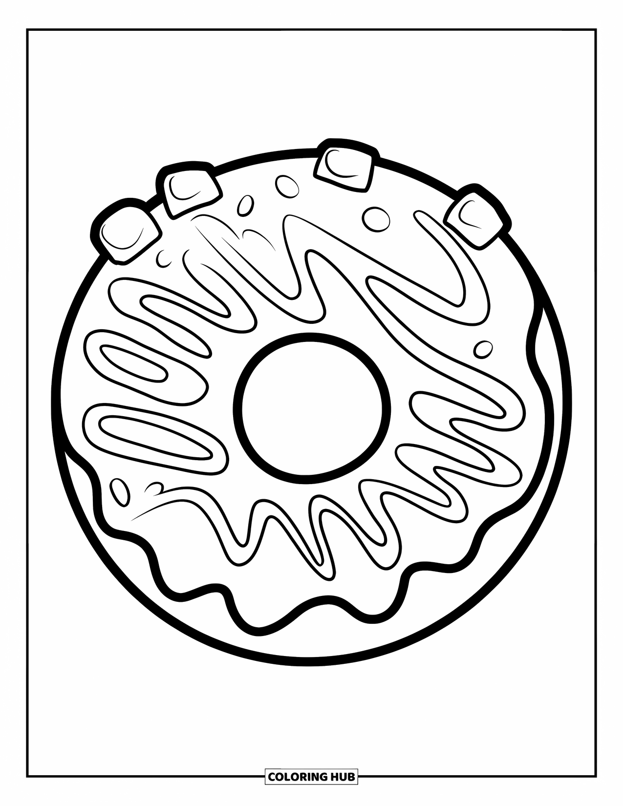 Doughnut Coloring Page for Kids: A round doughnut with thick zigzag icing and chunky toppings stands out