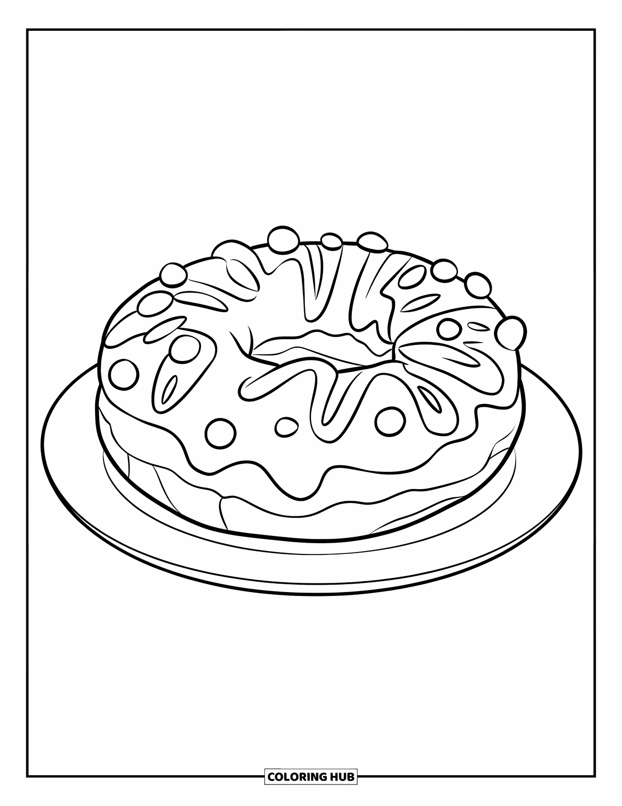 Doughnut Coloring Page for Kids: A round doughnut with zigzag frosting and dots sits on a clean white plate