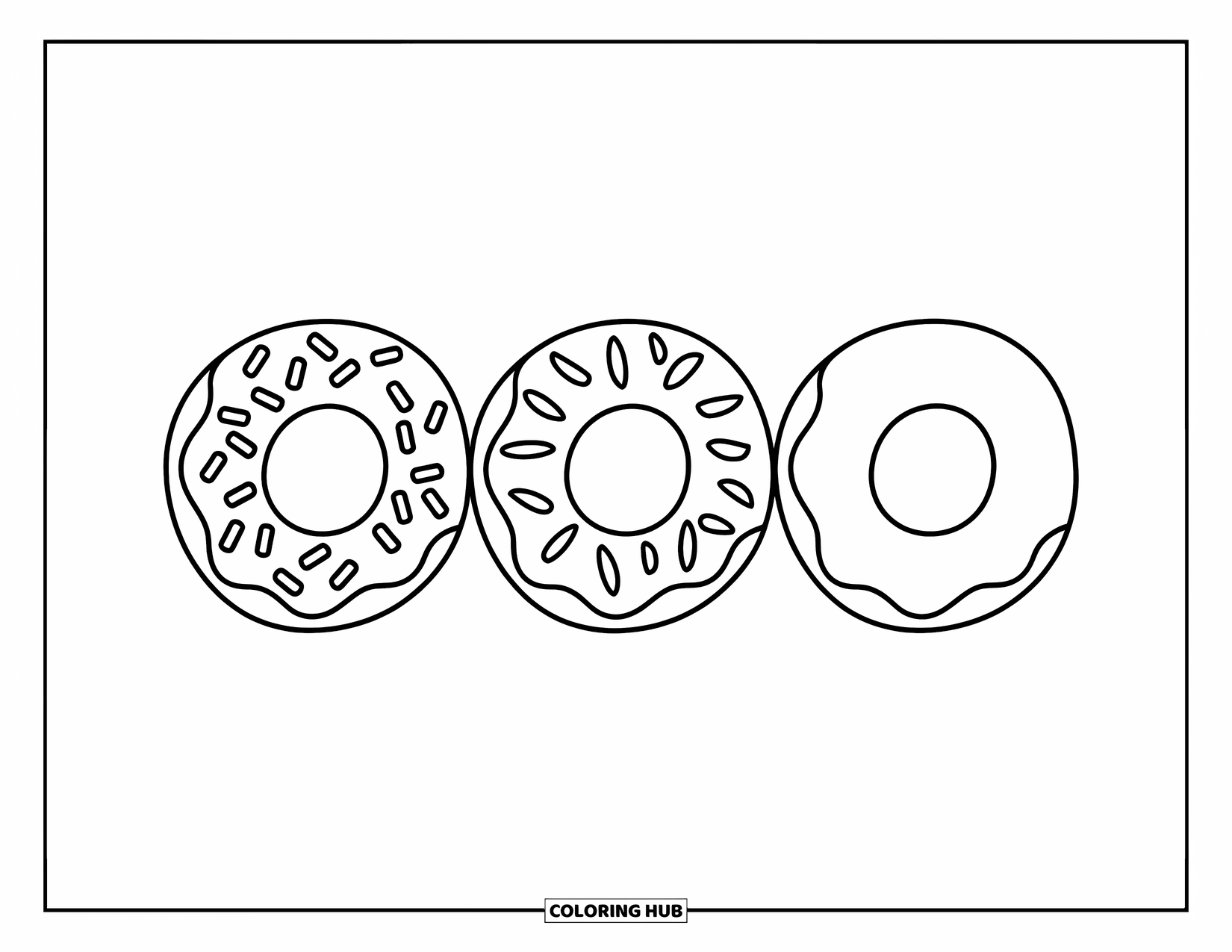 Doughnut Coloring Page for Kids: A simple set of three doughnuts with sprinkles, icing, and plain shapes