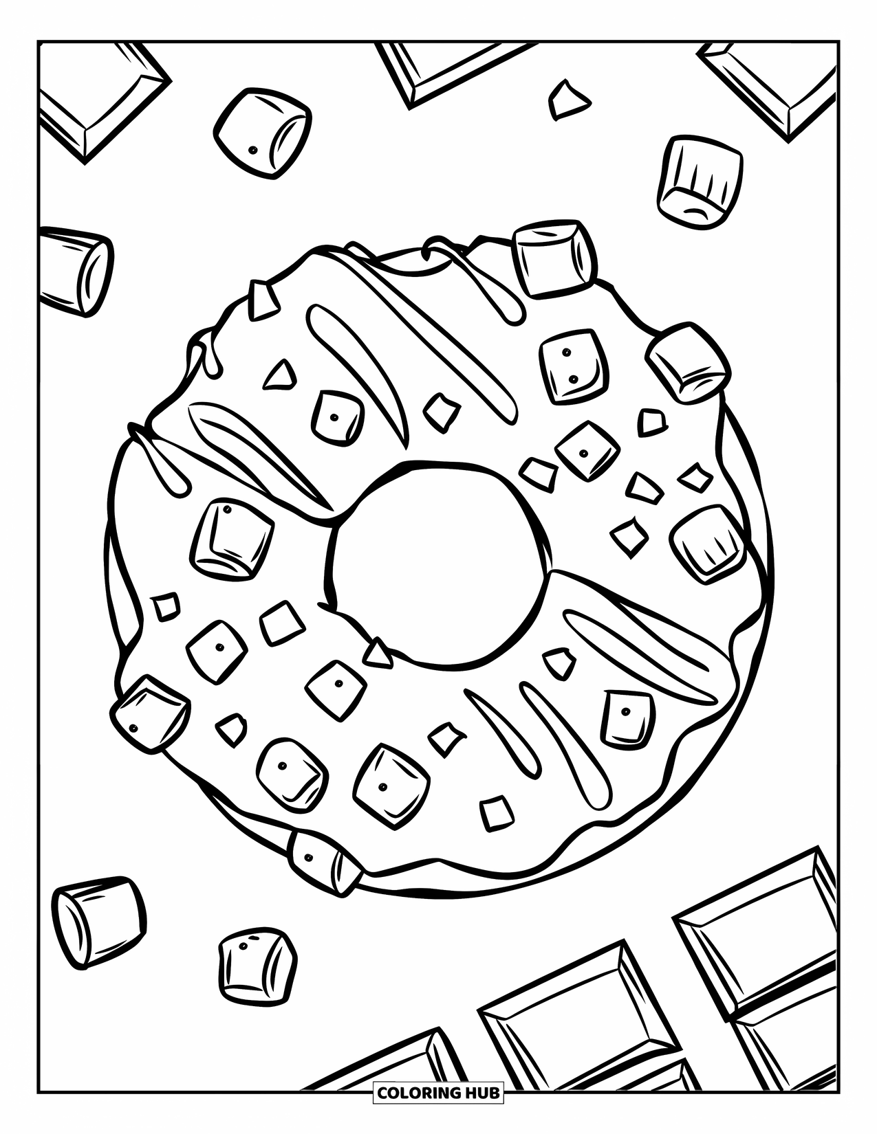 Doughnut Coloring Page for Kids: A s'mores doughnut with marshmallows, chocolate chips, and a cozy sugary finish