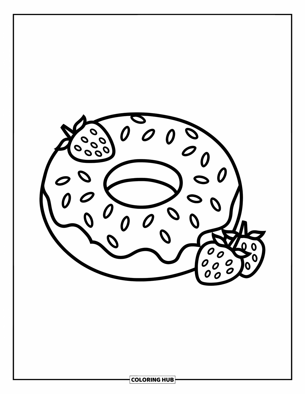 Doughnut Coloring Page for Kids: A strawberry-glazed doughnut with slices beside it has cheerful, bold lines