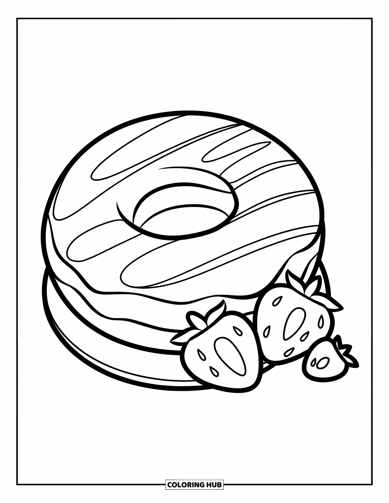 Doughnut Coloring Page for Kids: A striped strawberry doughnut with slices is ready for a fun coloring session