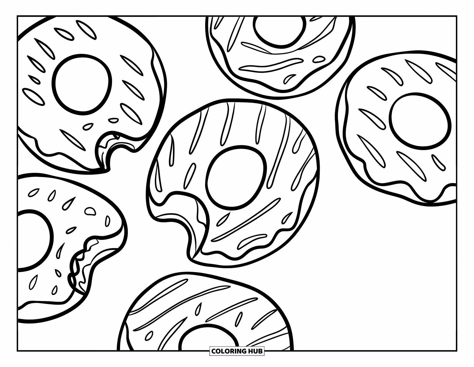 Doughnut Coloring Page for Kids: Bite-marked doughnuts with gooey fillings and icing drizzles in different quirky shapes