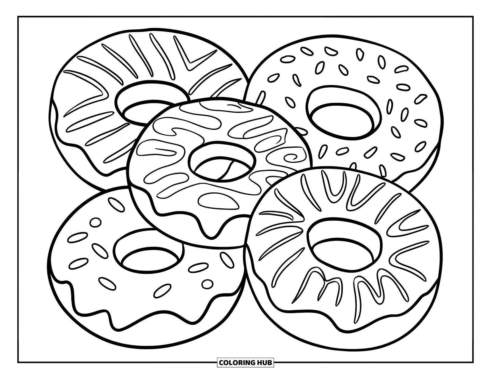 Doughnut Coloring Page for Kids: Five decorated doughnuts with bold icing swirls arranged in a half-circle
