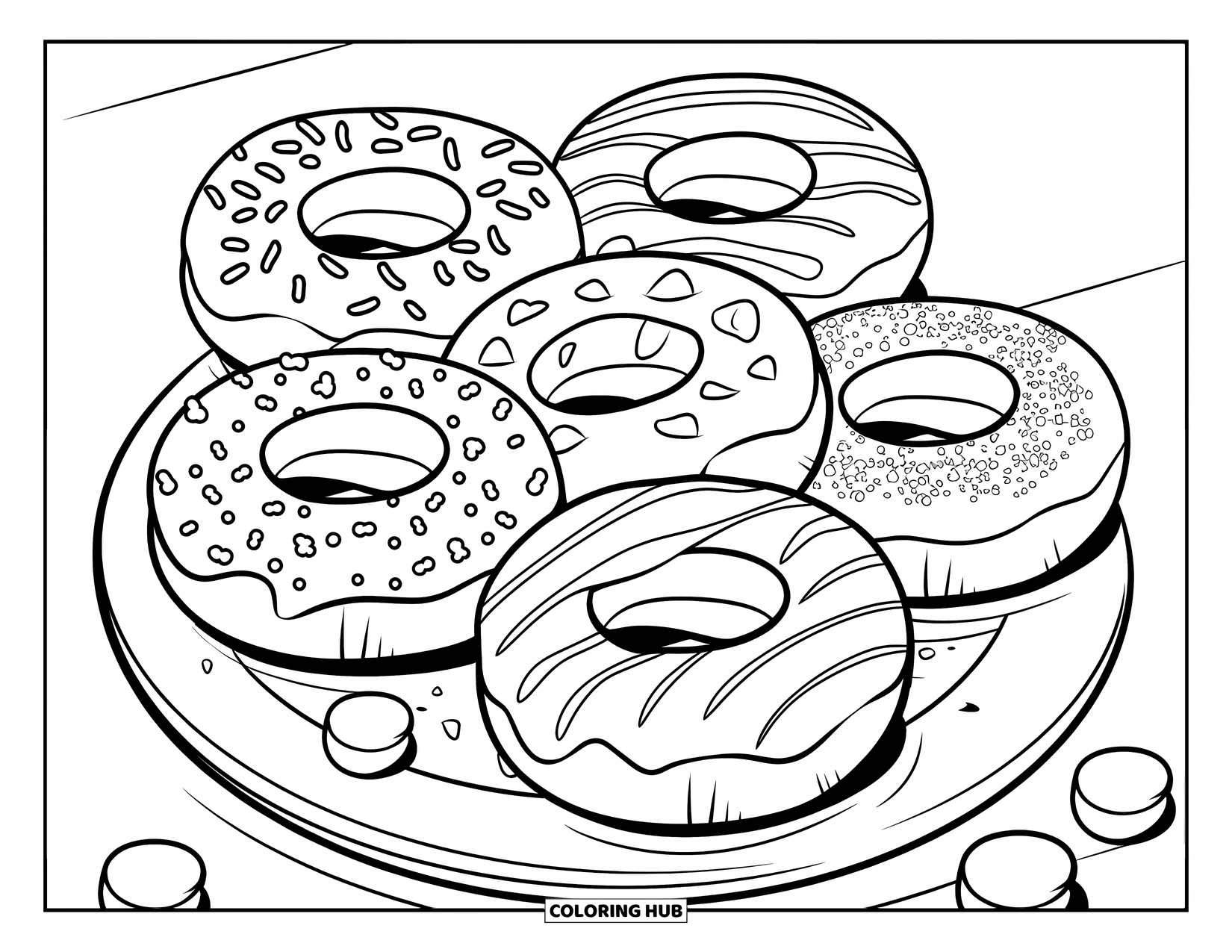Doughnut Coloring Page for Kids: Five decorated doughnuts with different toppings arranged with doughnut holes on a plate
