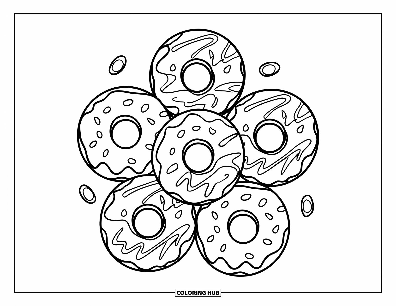 Doughnut Coloring Page for Kids: Five fun doughnuts with bites, drizzles, and fillings arranged in a playful circle