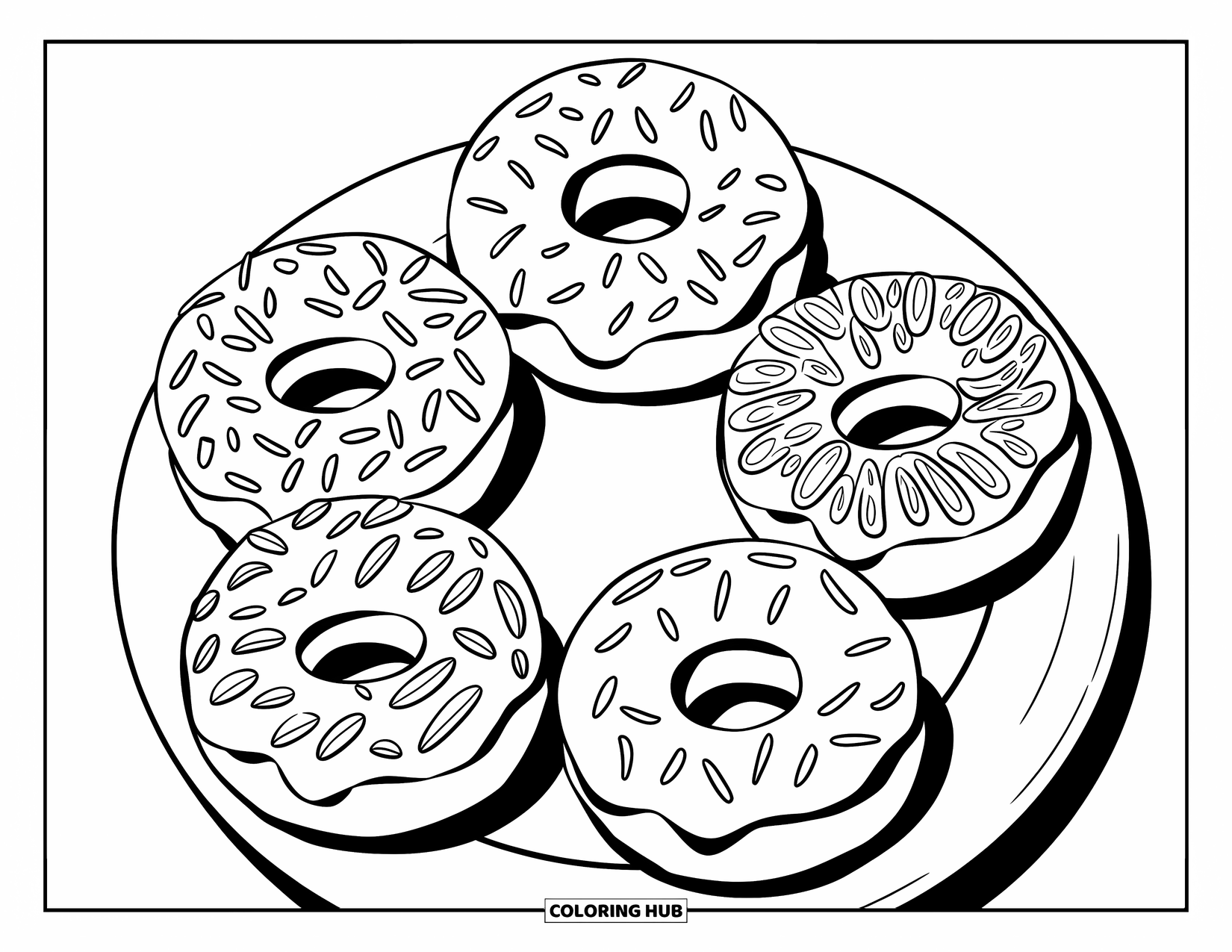 Doughnut Coloring Page for Kids: Five mini doughnuts with sprinkles are arranged like flower petals on a plate