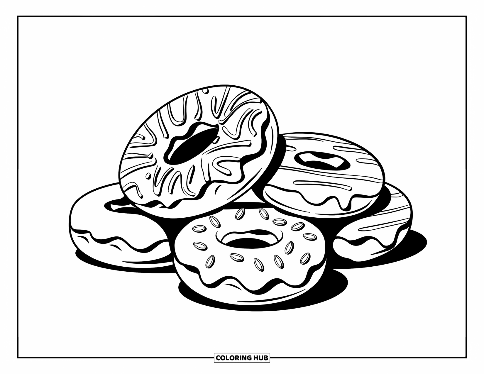 Doughnut Coloring Page for Kids: Five playful doughnuts with frosting waves and toppings grouped in a fun cluster