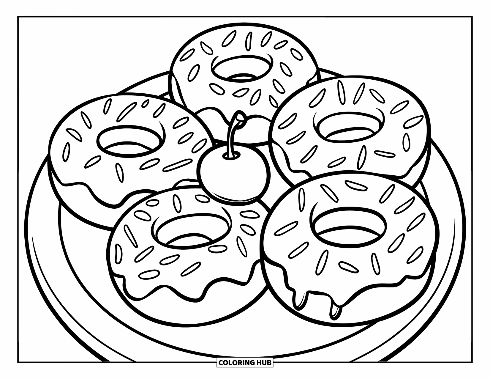 Doughnut Coloring Page for Kids: Five tiny doughnuts with chunky sprinkles are arranged in a circle with a cherry on top