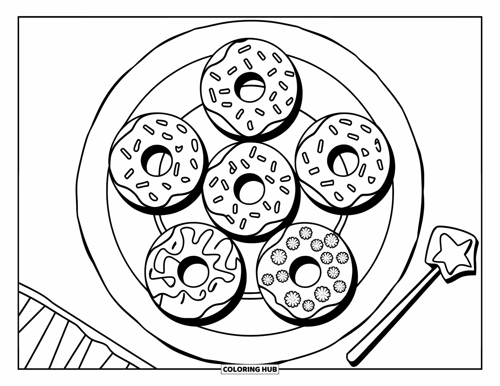 Doughnut Coloring Page for Kids: Flower-shaped doughnuts with chunky sprinkles sit beside a playful magic wand