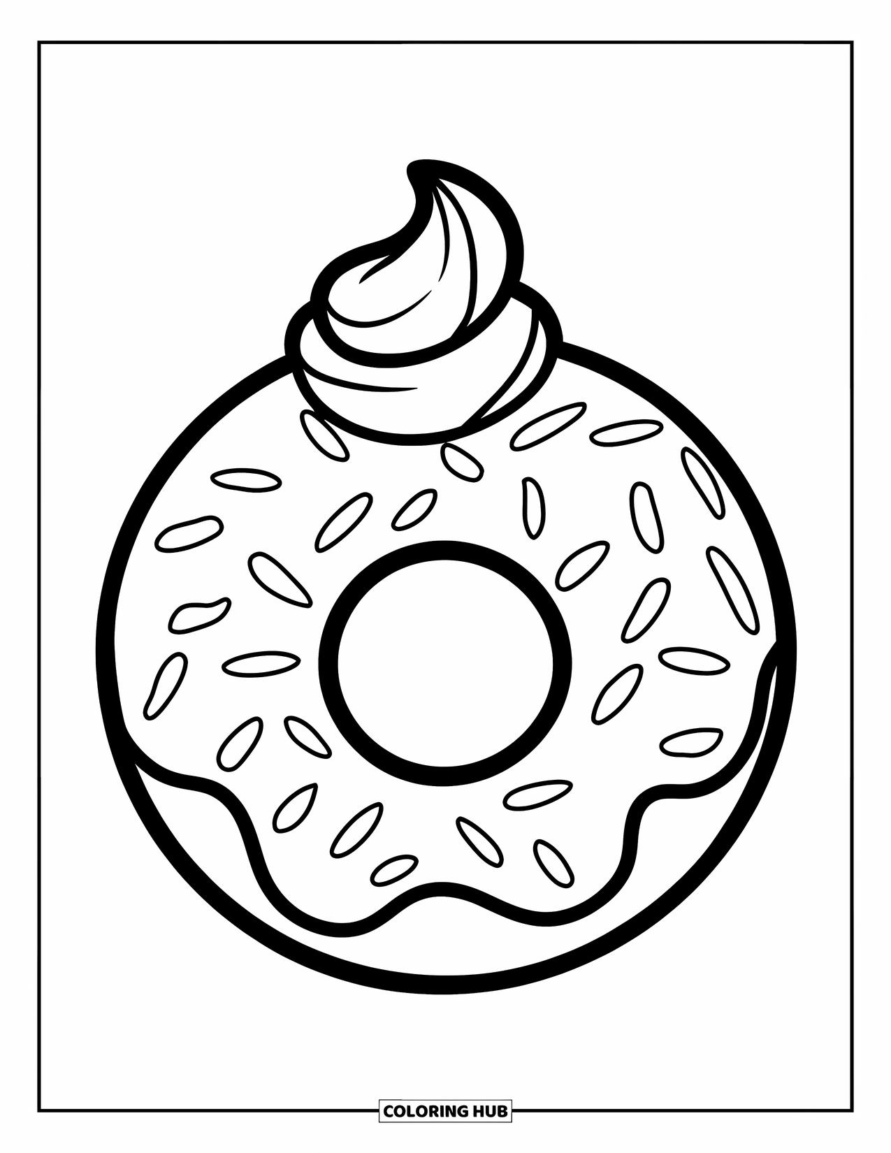 Doughnut Coloring Page for Kids: One big doughnut with swirled icing and bold sprinkles on a blank background
