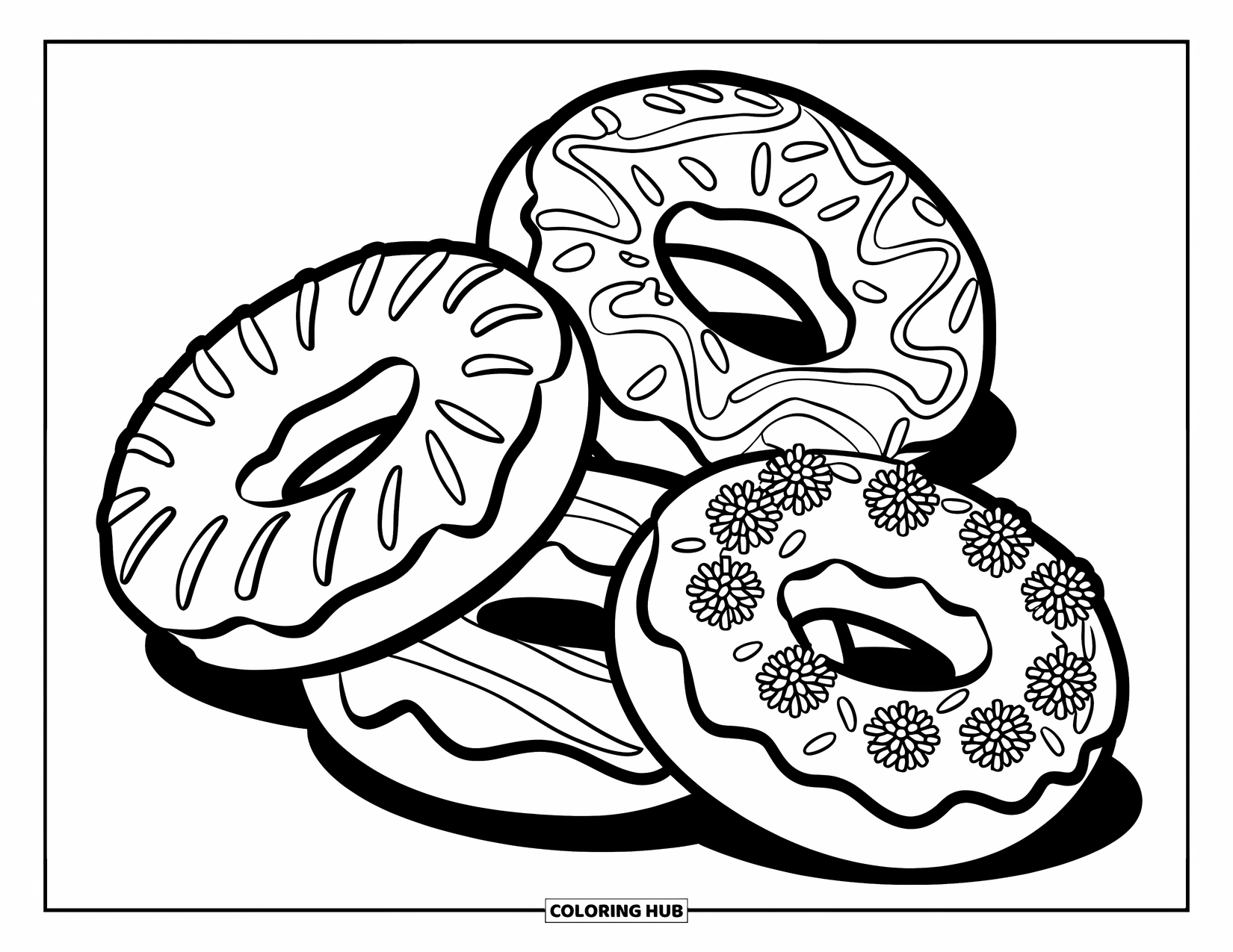 Doughnut Coloring Page for Kids: Overlapping doughnuts with bold frosting swirls and mixed sprinkles in a playful teen style