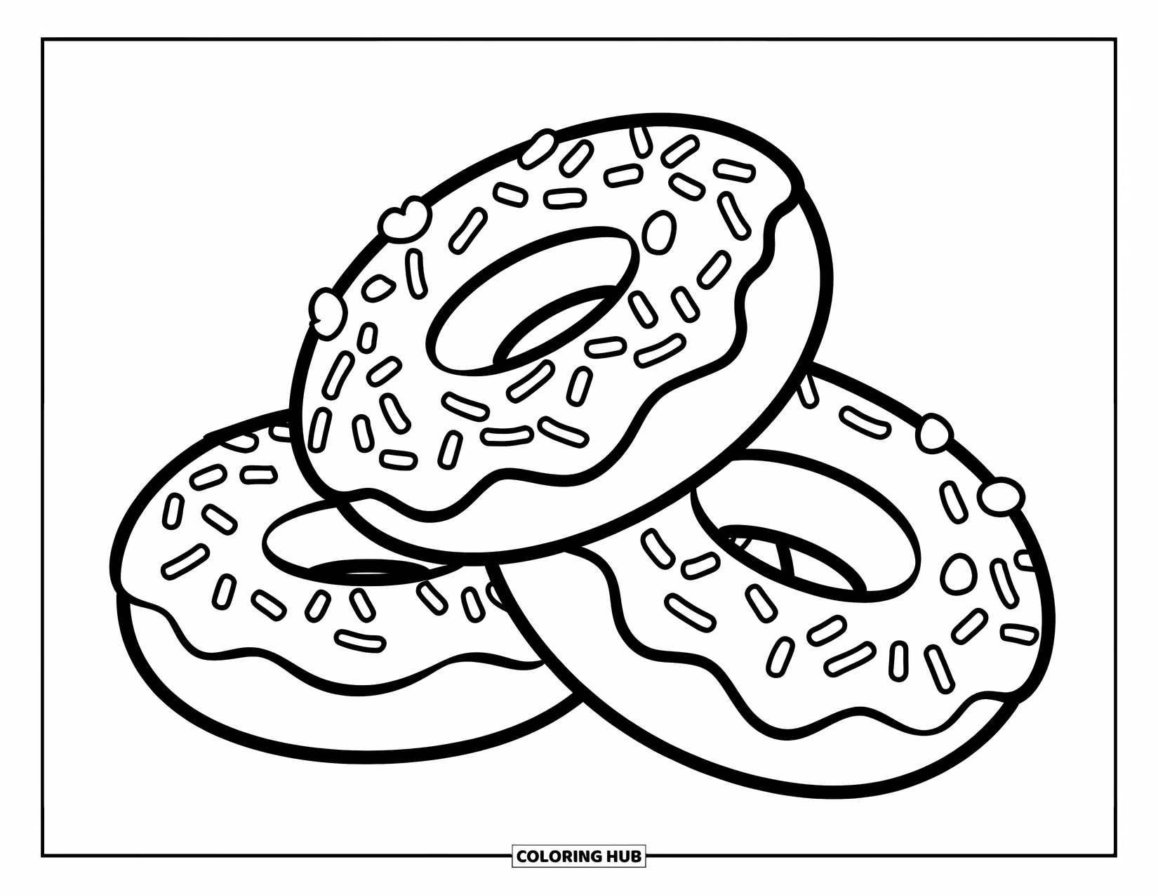 Doughnut Coloring Page for Kids: Three bold doughnuts with artistic frosting and sprinkles create a lively, modern vibe