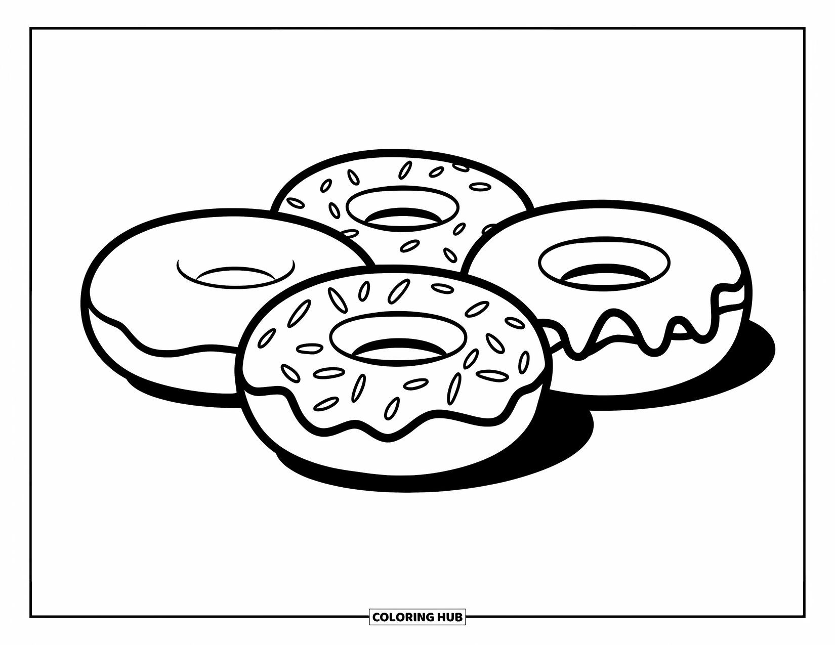 Doughnut Coloring Page for Kids: Three bold-outlined doughnuts-plain, iced, and sprinkled-rest in a row