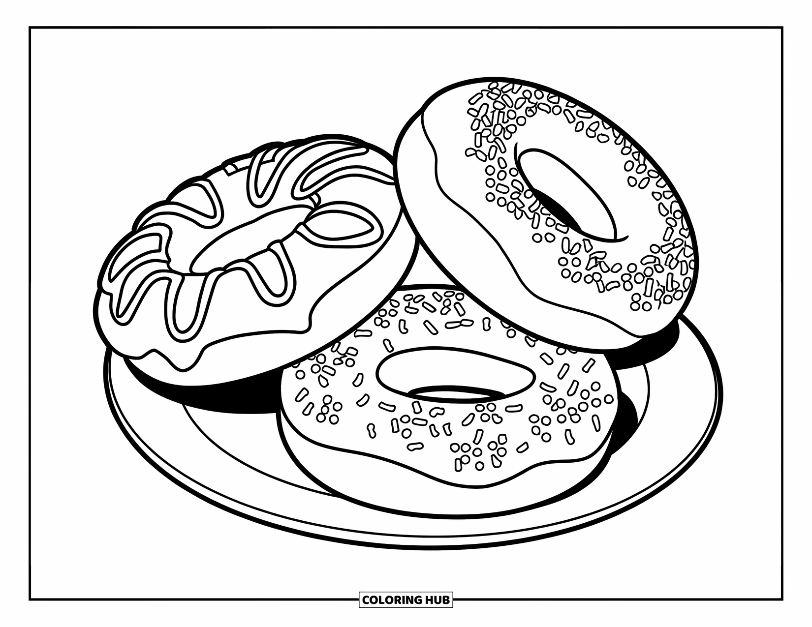 Doughnut Coloring Page for Kids: Three doughnuts overlap with playful frosting patterns and sprinkle clusters on a plate