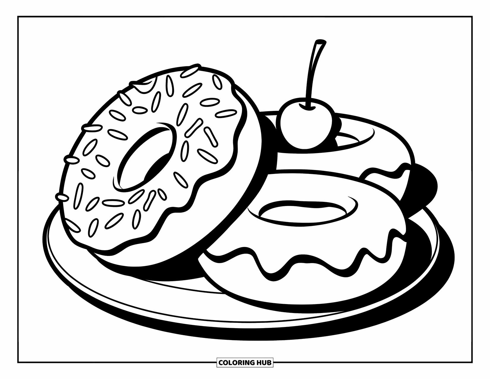 Doughnut Coloring Page for Kids: Three doughnuts with different toppings sit on a plate with a cherry on one
