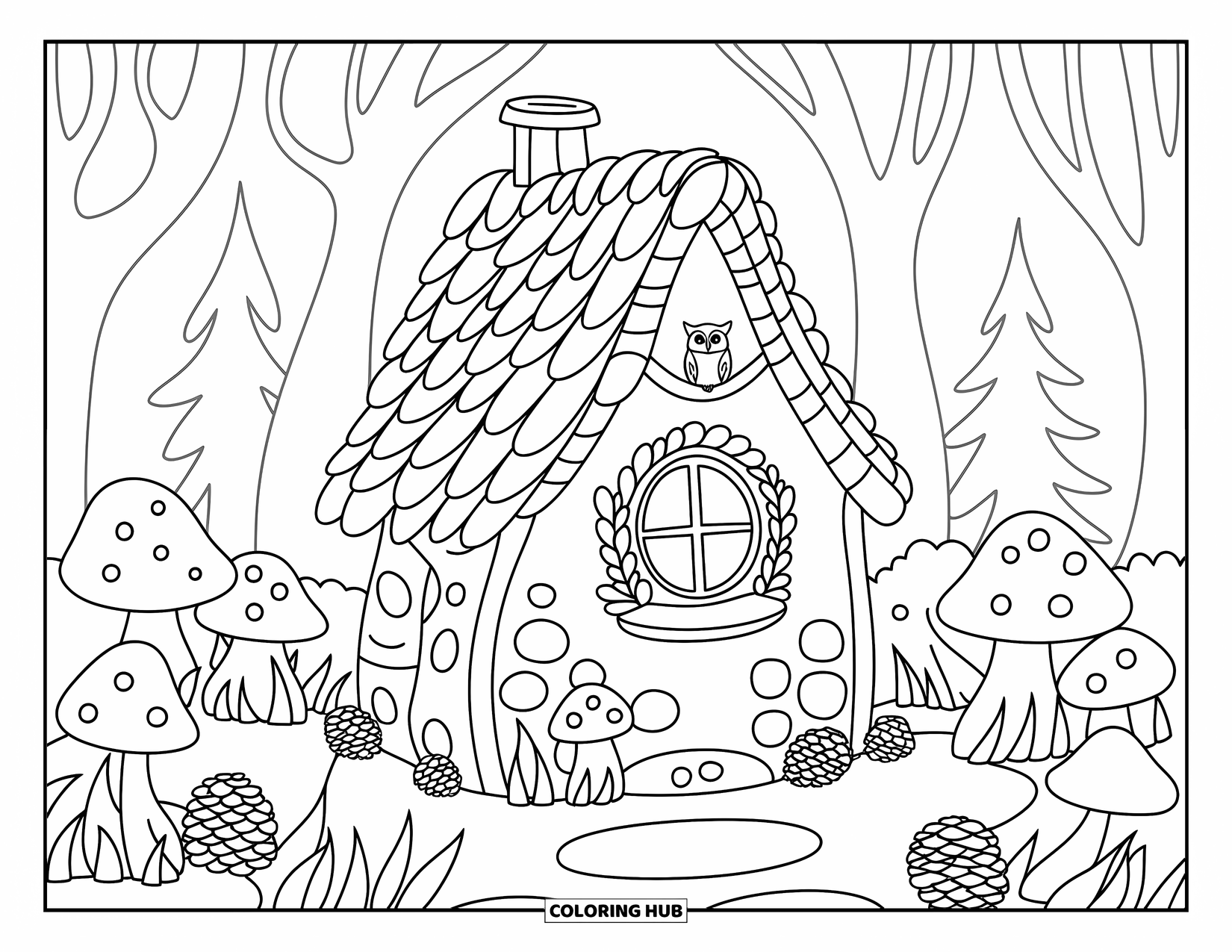 Enchanted Forest Coloring Page for Adults: Cottage in the woods with pinecones, mushrooms, and a playful owl at the window